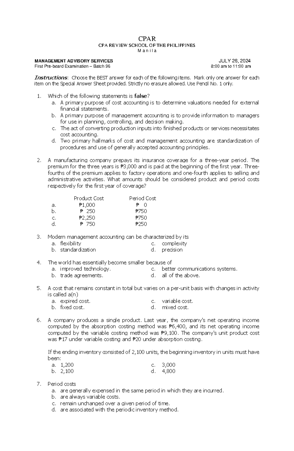 MAS First Preboard Batch 96 PDF - CPAR CPA REVIEW SCHOOL OF THE ...