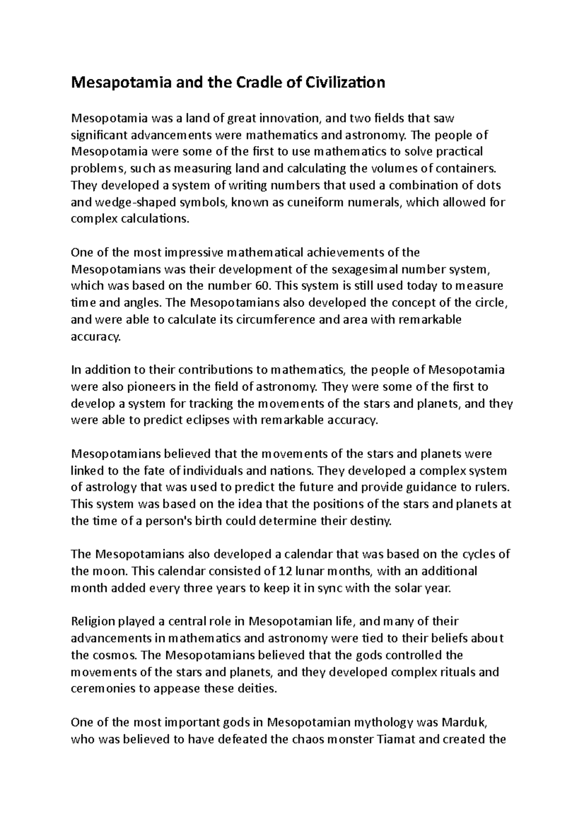 Mesapotamia and The Cradle of Civilization Mesapotamia and the Cradle