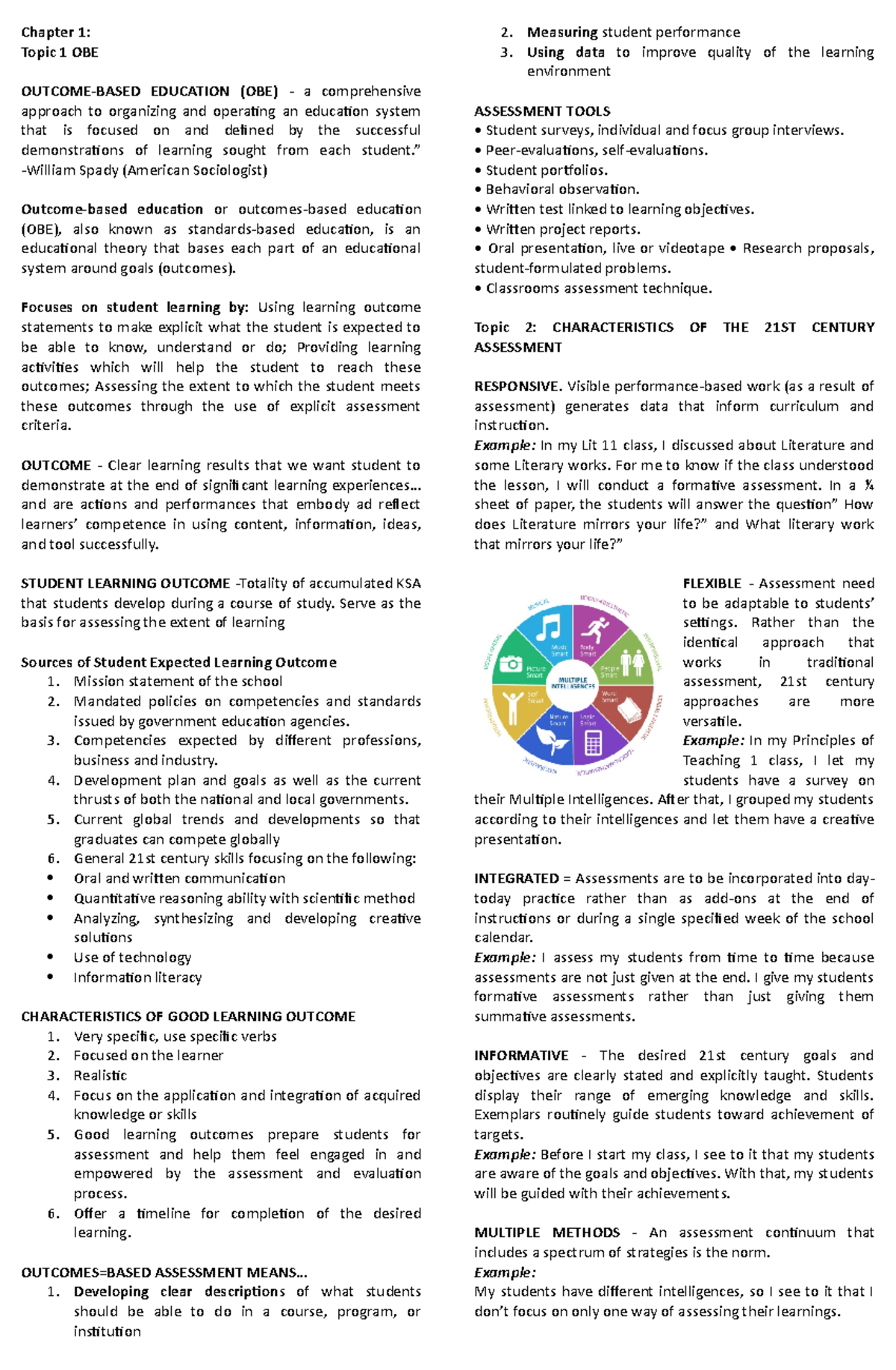 Reviewer In Assessment Learning 2 - Chapter 1: Topic 1 OBE OUTCOME ...