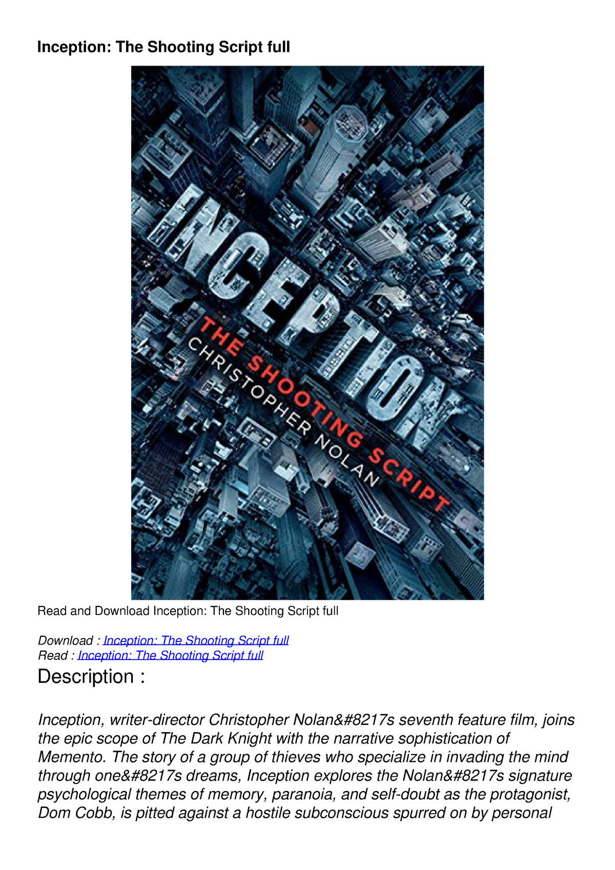 PDF BOOK Inception: The Shooting Script full ONLINE - Inception: The ...