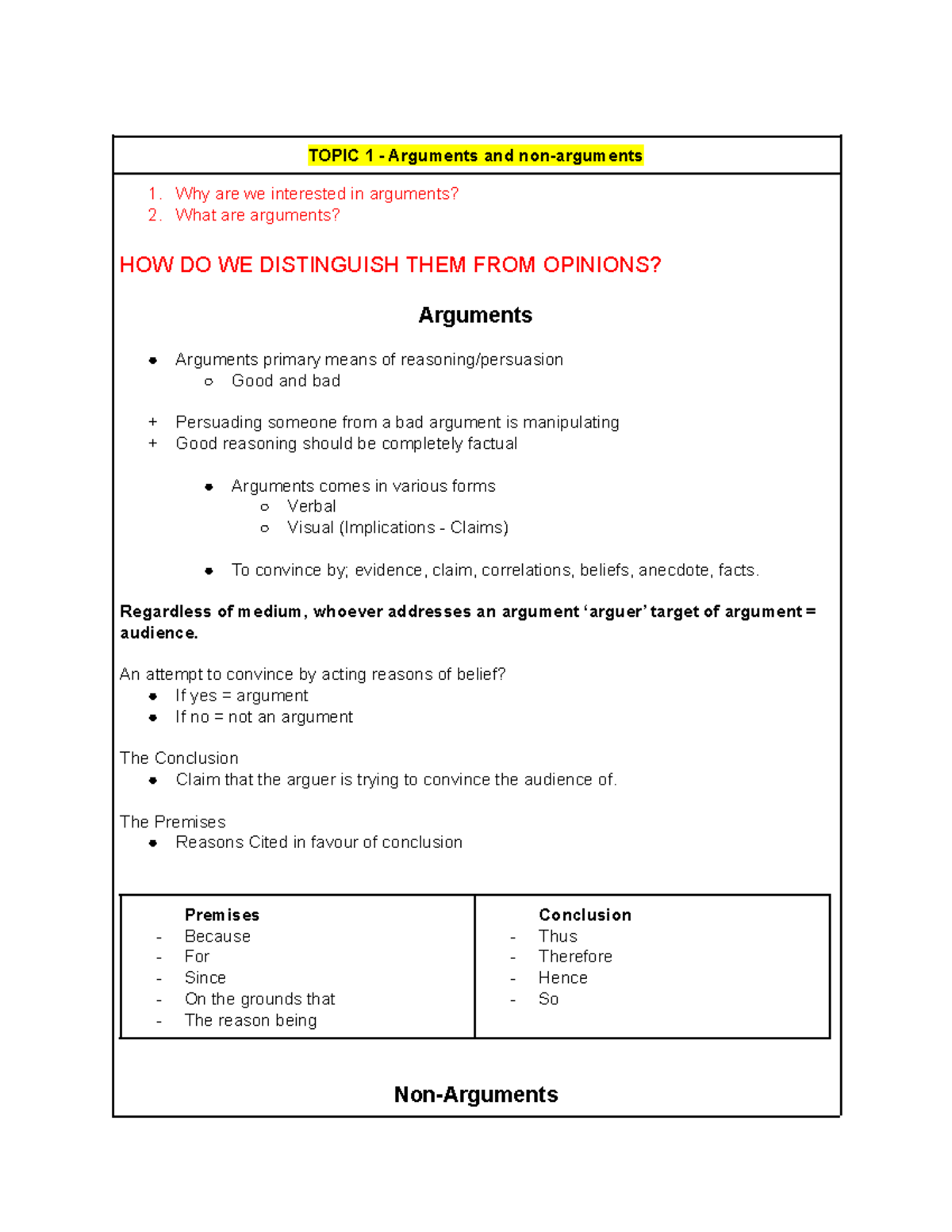 Philosophy MQ - Lecture notes 1-11 - TOPIC 1 - Arguments and non ...