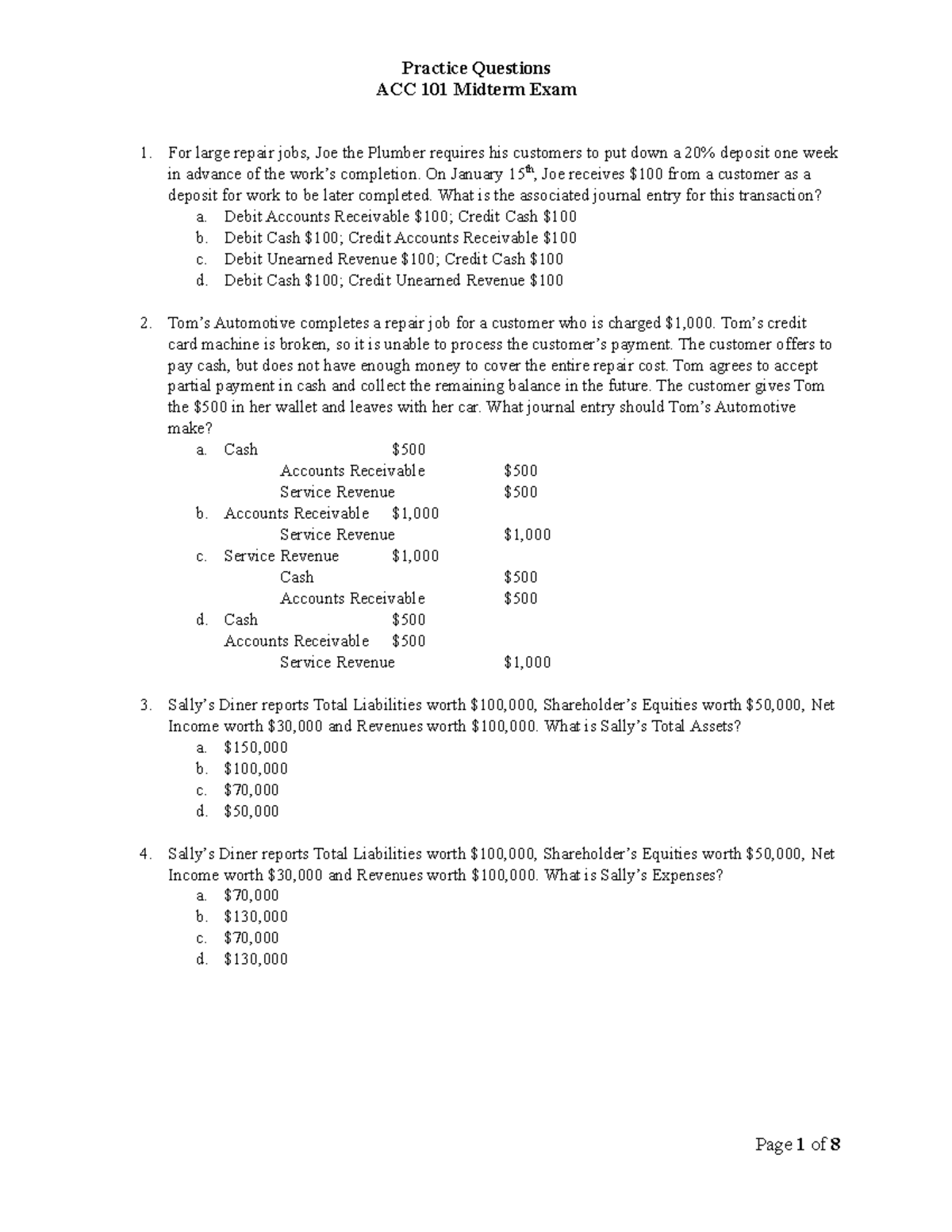 Practice Questins - ACC 101 Midterm Exam 1. For large repair jobs, Joe ...
