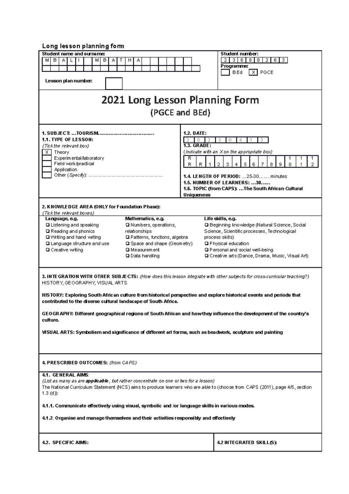 2023 TUKS Long Lesson planning form BEd and PGCE (1) - Long lesson ...