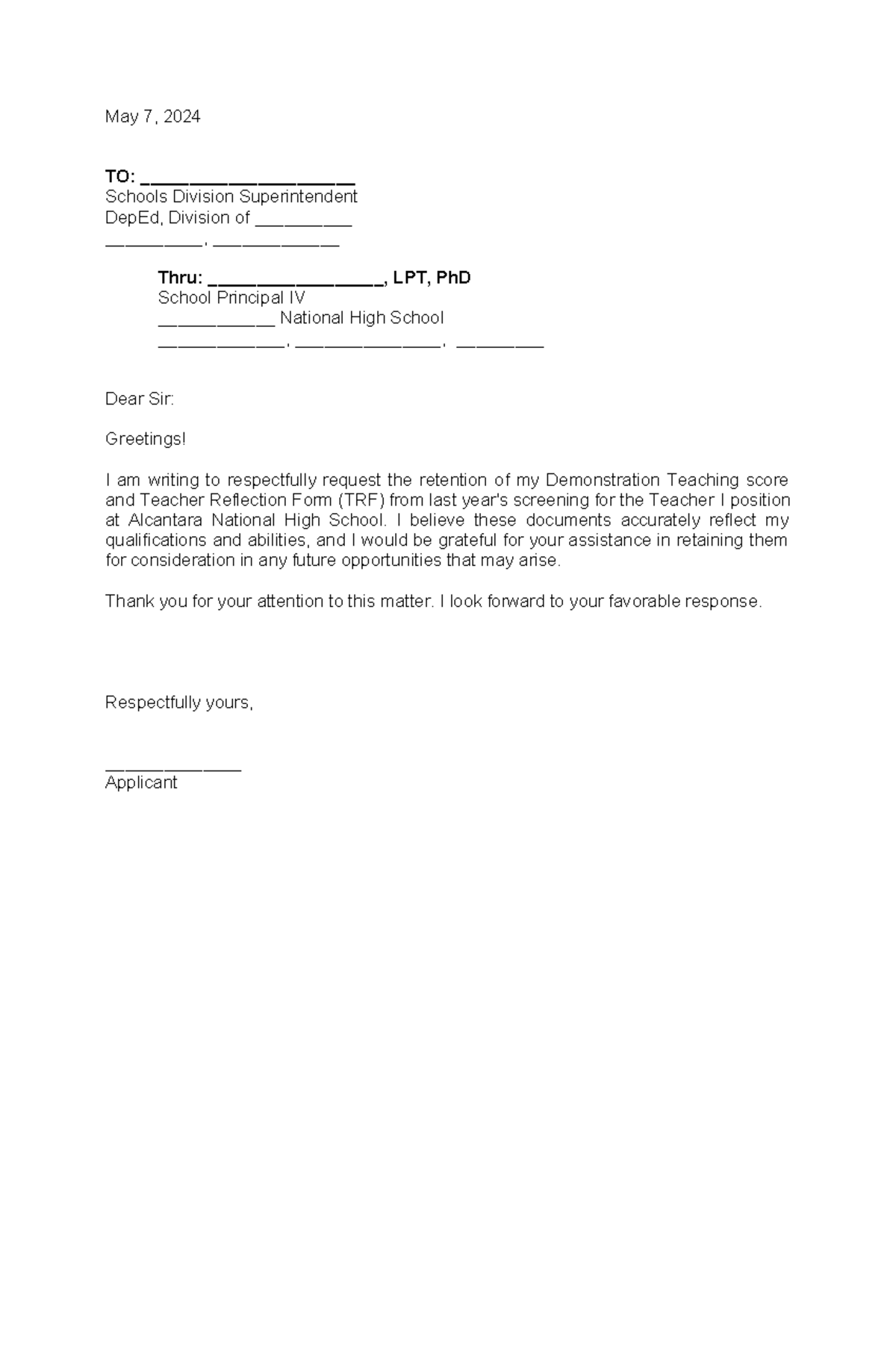 Retain letter - May 7, 2024 TO: ______________________ Schools Division ...