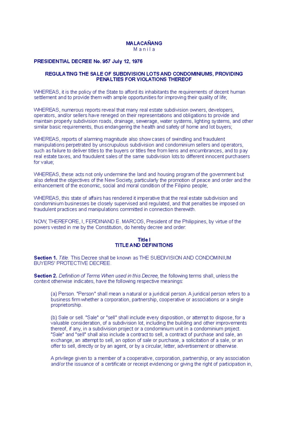 Presidential- Decree-No - MALACAÑANG M a n i l a PRESIDENTIAL DECREE No ...