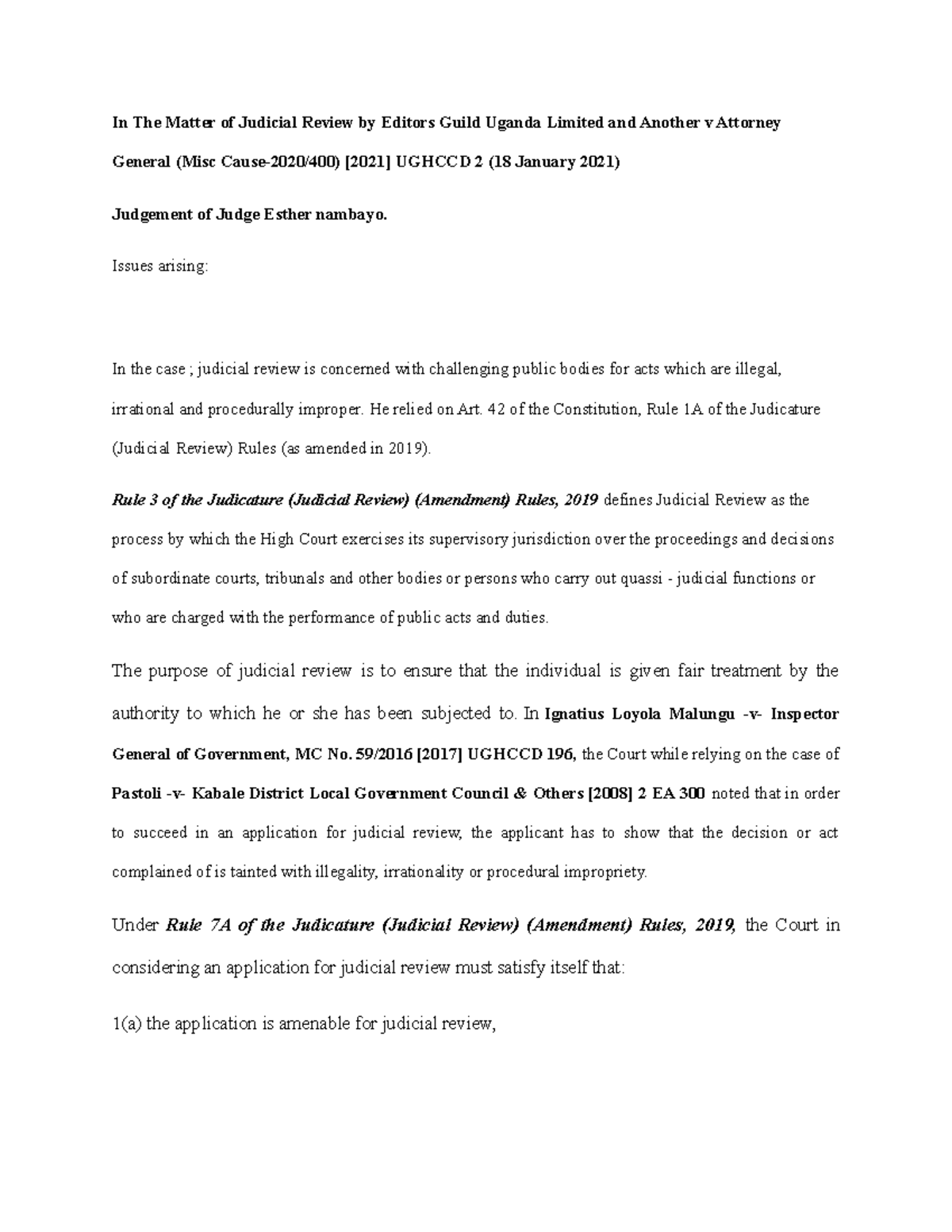 Judicial review authorities In The Matter of Judicial Review by Editors Guild Uganda Limited