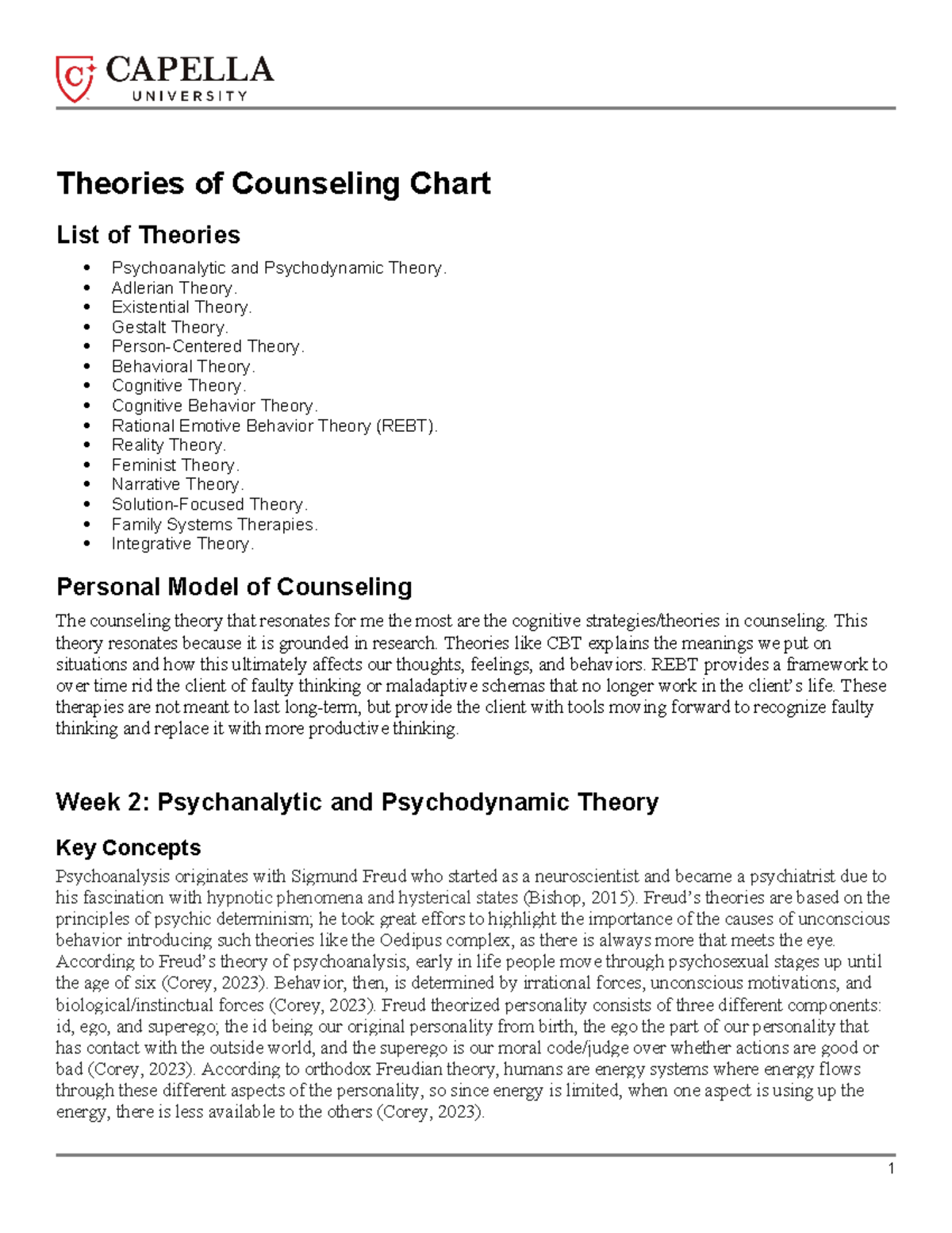 Counseling Theories Week 5 Theories of Counseling Chart List of