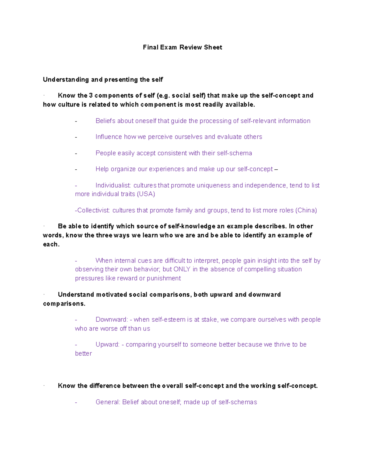 PSY 274 Final Exam Review Sheet - Final Exam Review Sheet Understanding ...