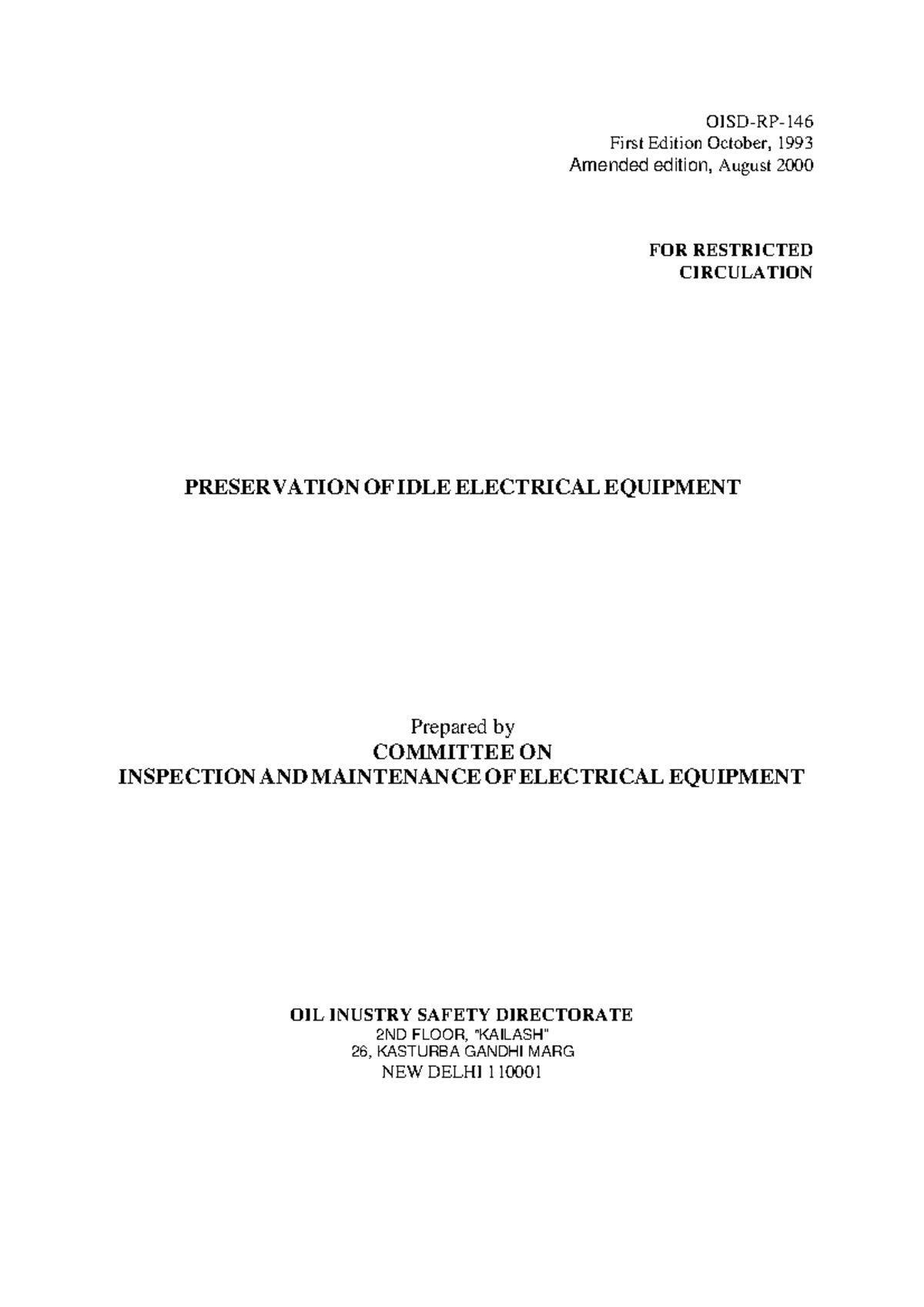 OISD RP146 (2000 ) Preservation of Idle Electrical Equipment OISD