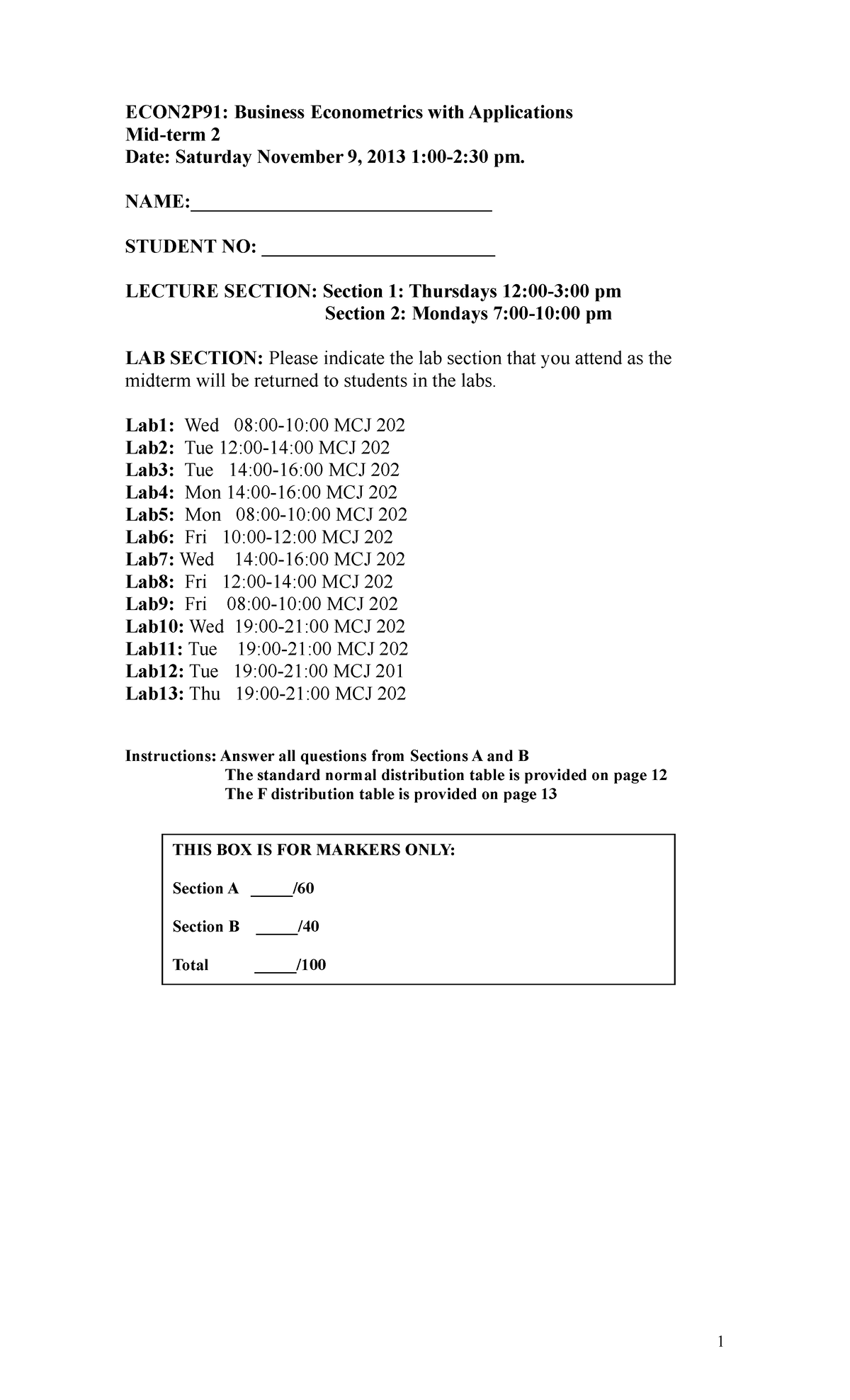 Sample/practice Exam 21 Fall 2013, Questions - ECON2P91: Business ...