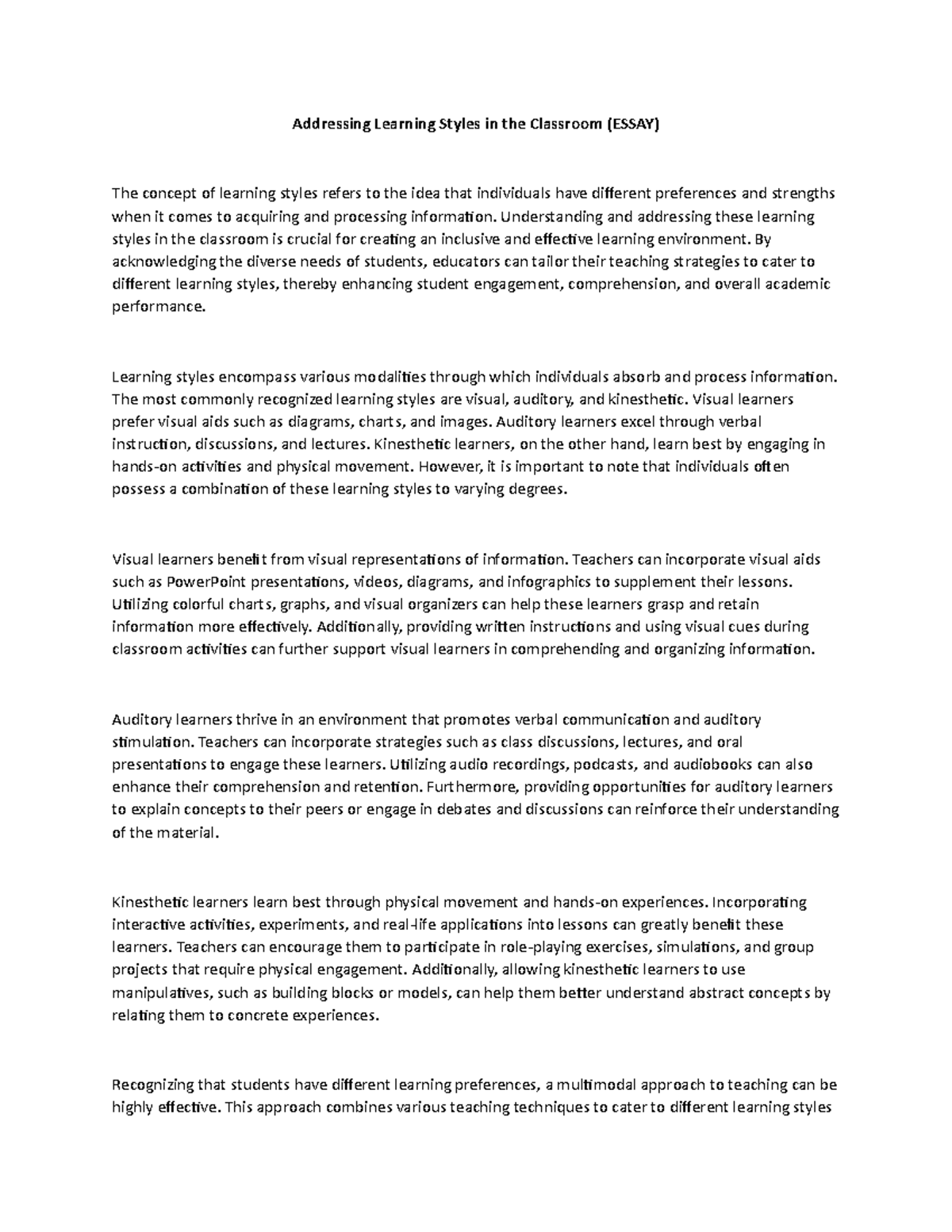 Addressing Learning Styles in the Classroom (Essay) - Addressing ...