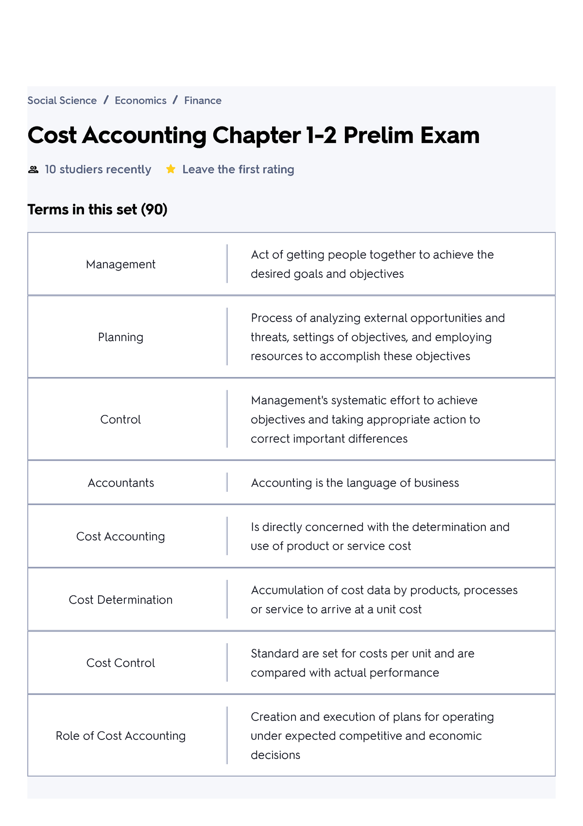 Cost Accounting Chapter 1-2 Prelim Exam Flashcard - Cost Accounting ...