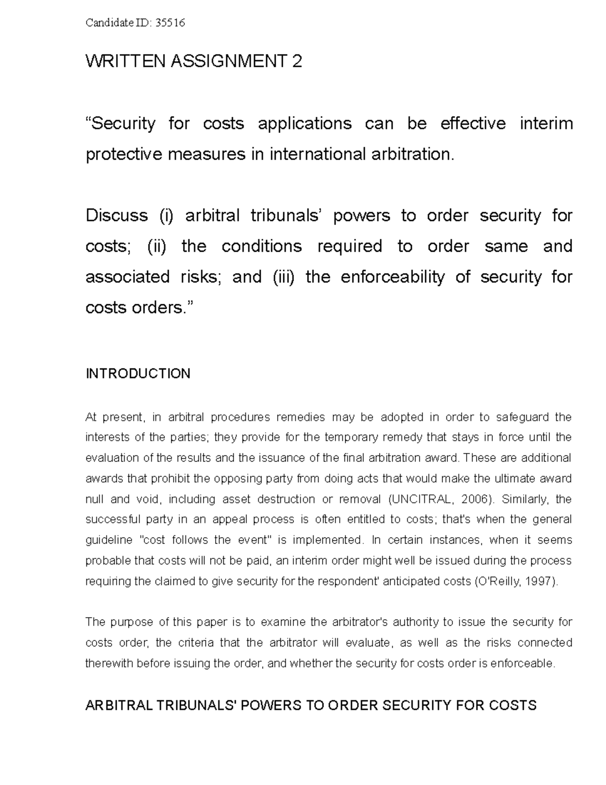 35516 Assignment 2 WRITTEN ASSIGNMENT 2 “Security for costs
