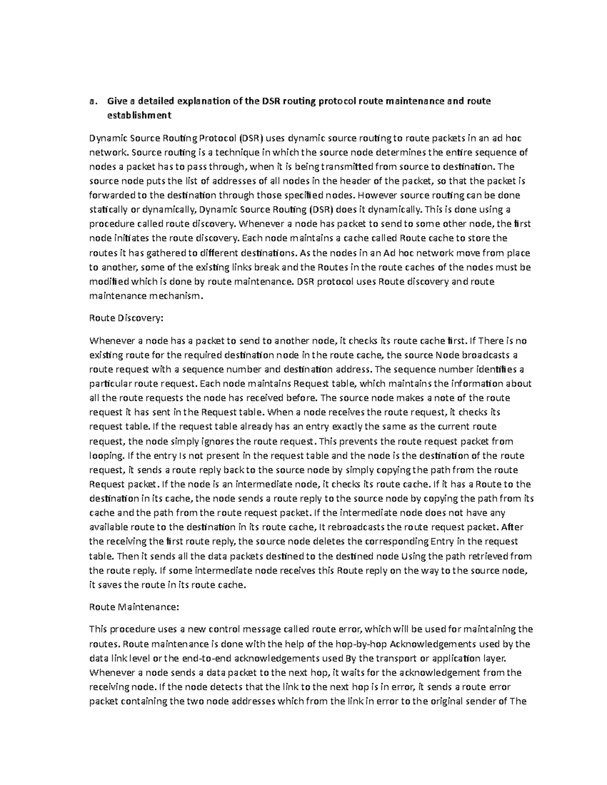 Test 2 - Read - a. Give a detailed explanation of the DSR routing ...
