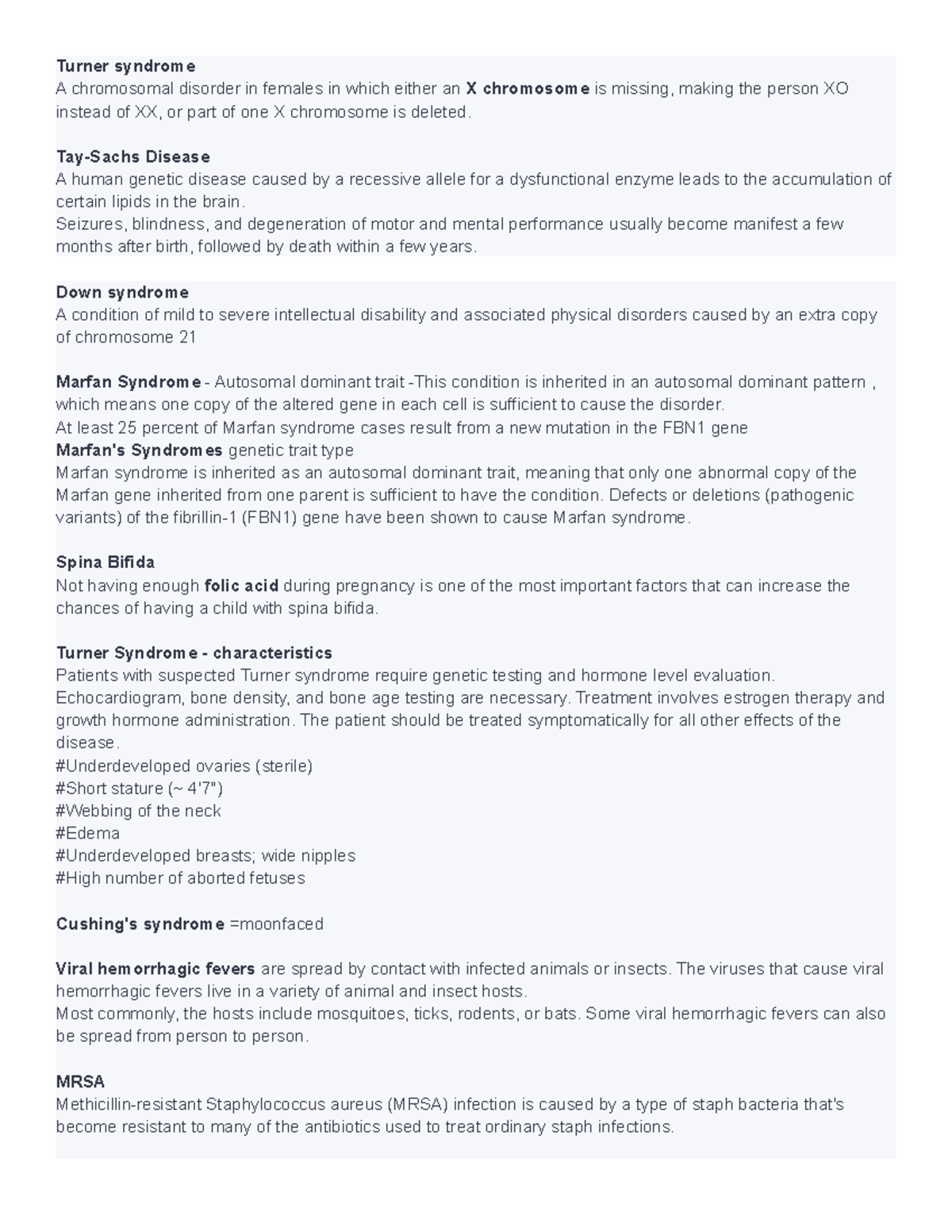 Quizlet for Patho Test Turner syndrome A chromosomal disorder in