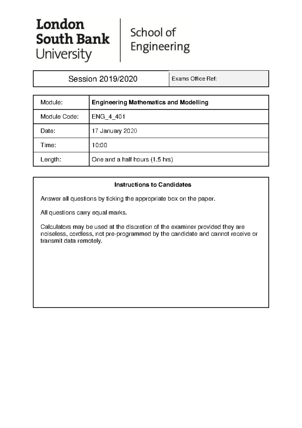 Engineering Mathematics and Modelling Past exam - Session 2019 /20 20 ...