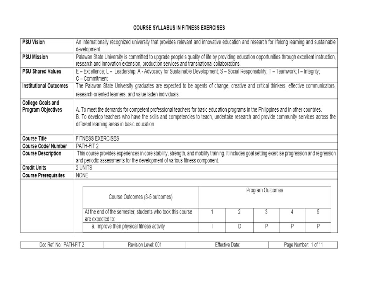 Pathfit Syllabus - Management - Studocu