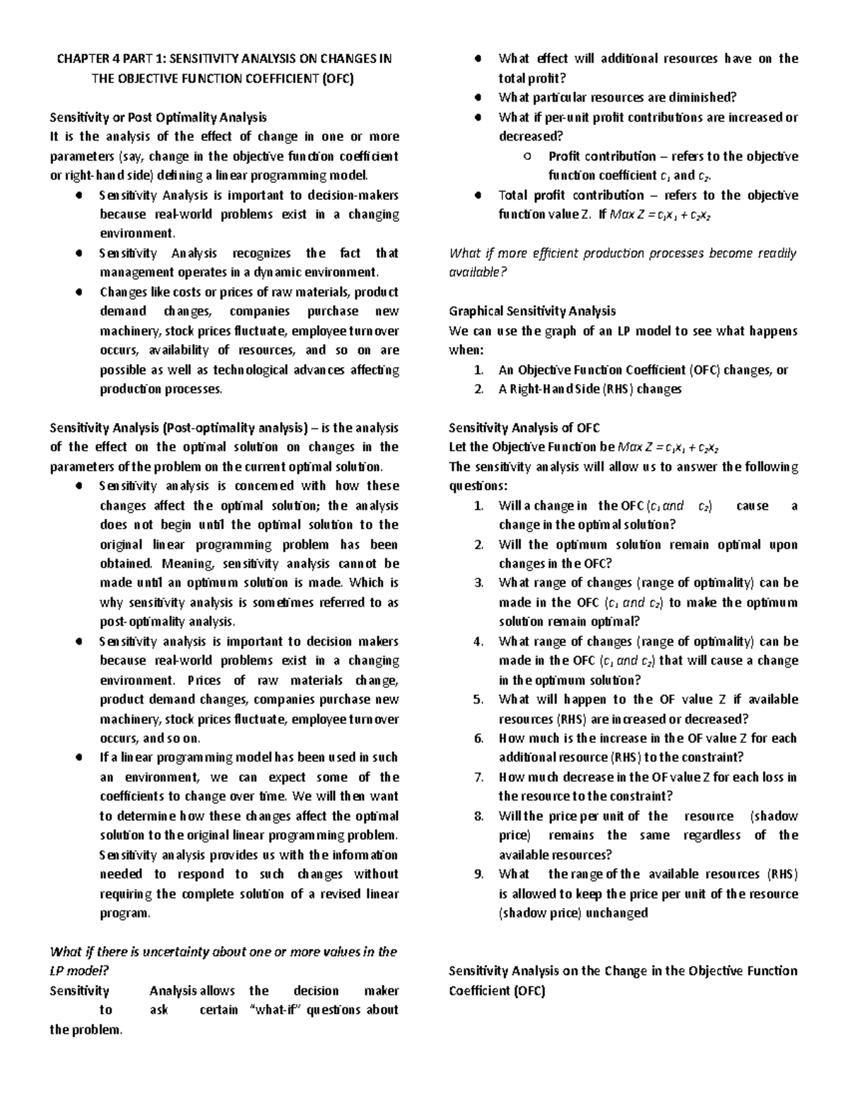 Management Science Reviewer - CHAPTER 4 PART 1: SENSITIVITY ANALYSIS ON ...