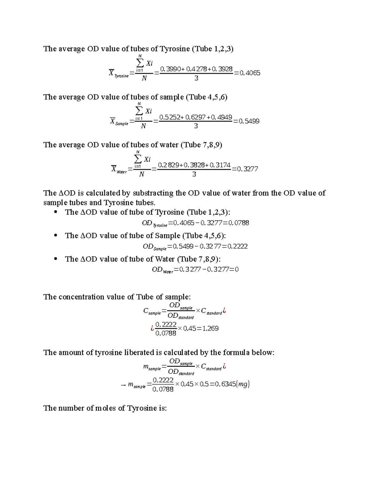 Calculate LAB REPORT The average OD value of tubes of Tyrosine (Tube