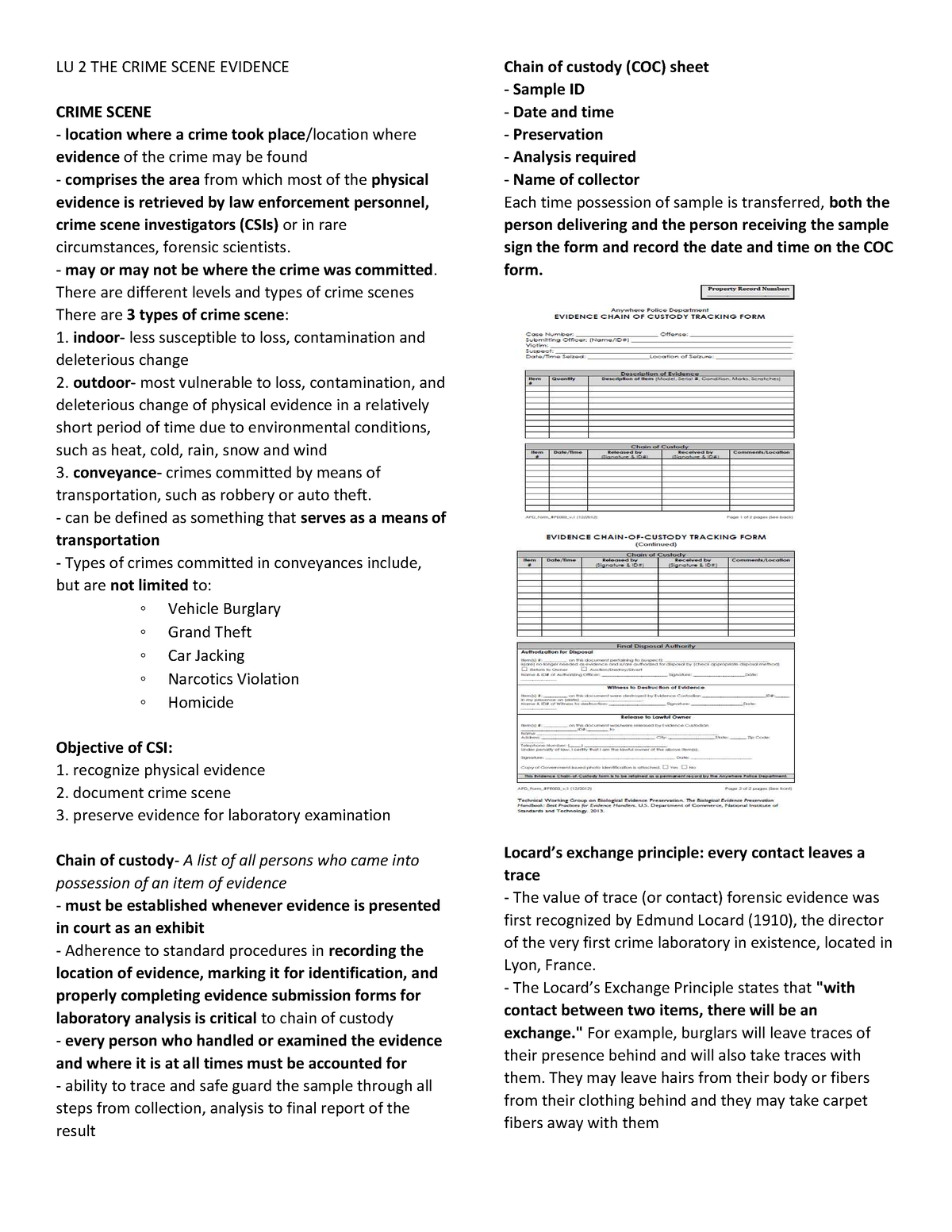 Forensic Chemistry Lu 2 - LU 2 THE CRIME SCENE EVIDENCE CRIME SCENE ...