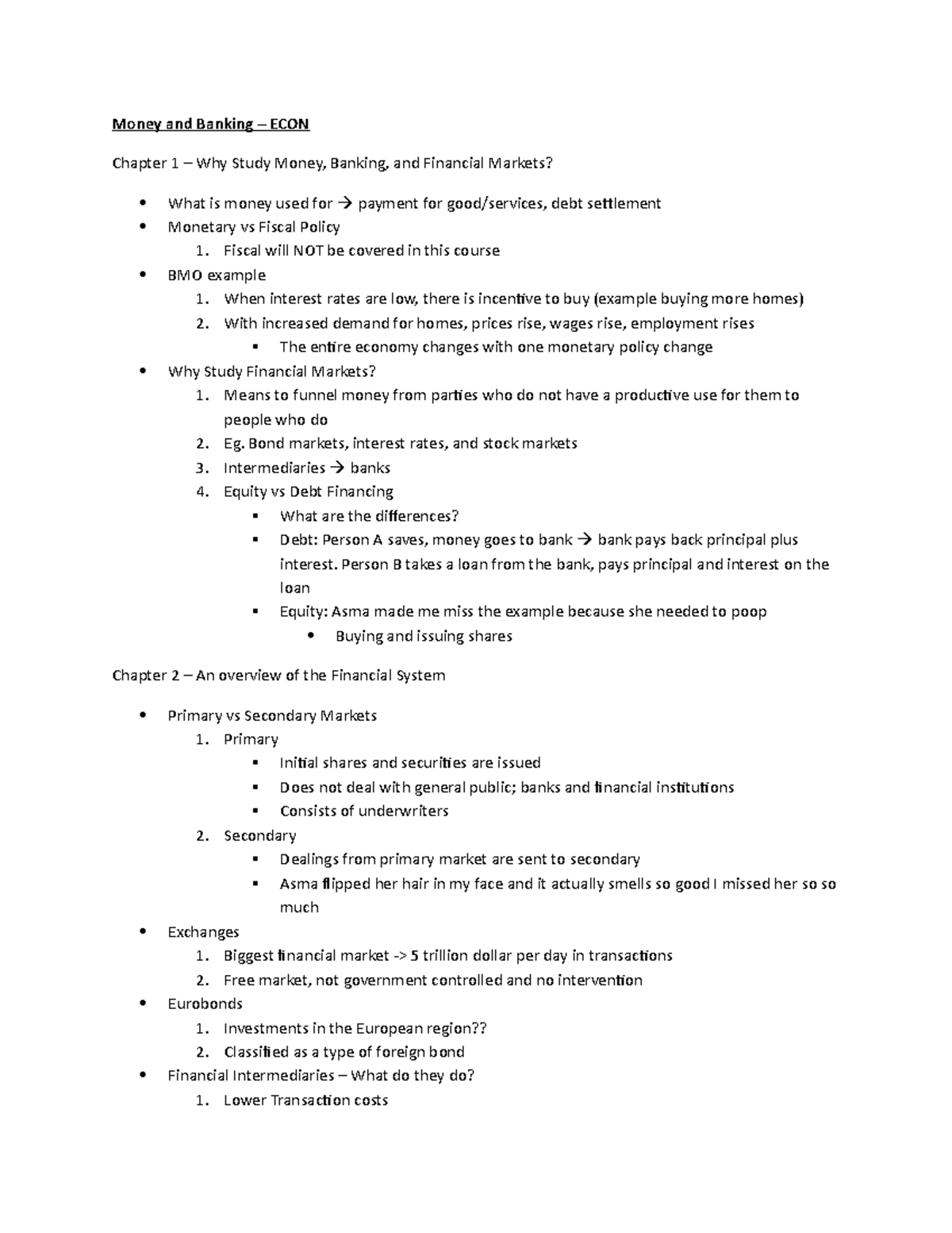 Week 1 - Lecture notes 1 - Money and Banking – ECON Chapter 1 – Why ...