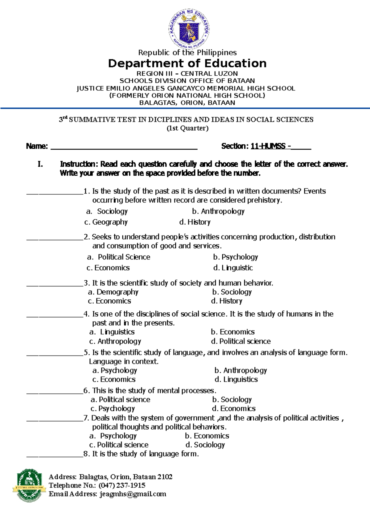 3rd summative test DISS - Republic of the Philippines Department of ...