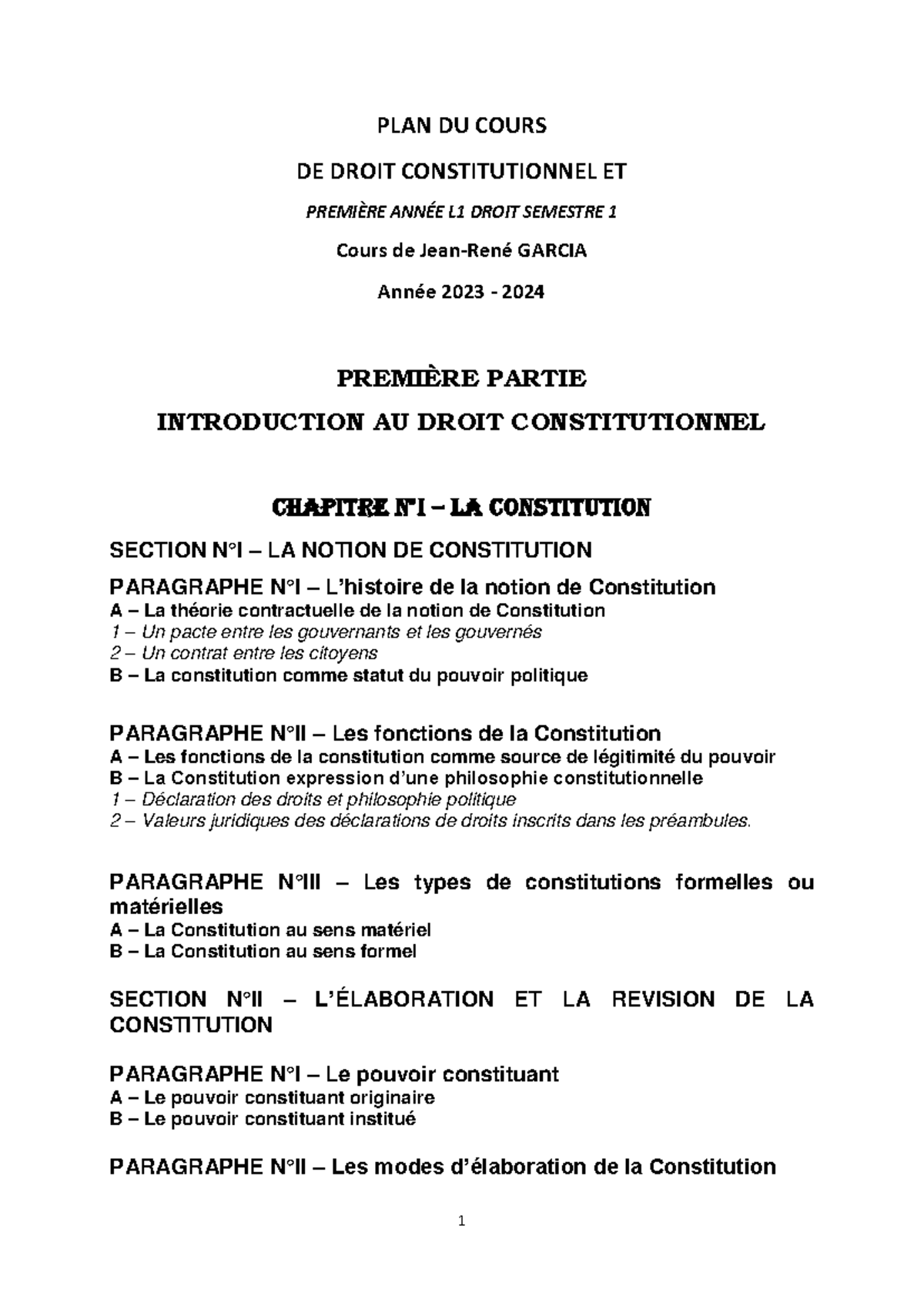 Plan D consti - 1 PLAN DU COURS DE DROIT CONSTITUTIONNEL ET PREMIÈRE ...