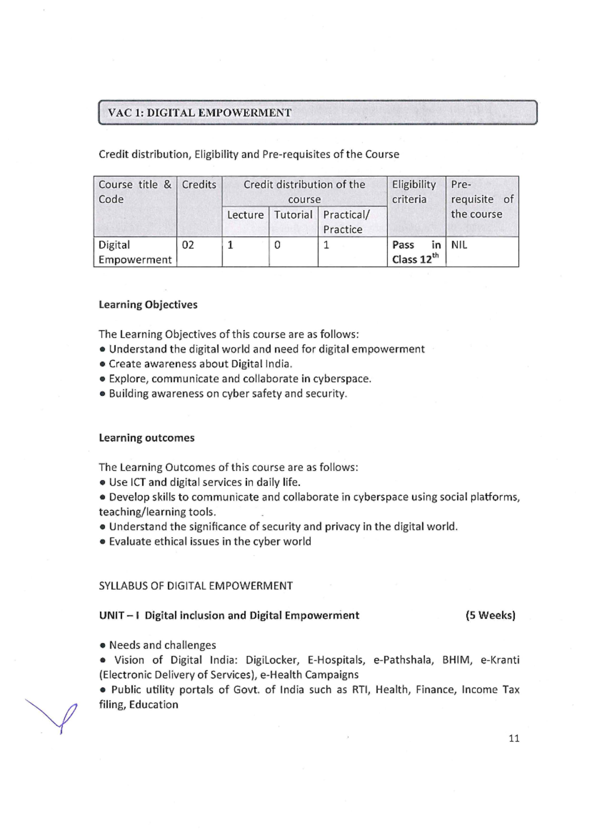 Digital Empowerment Syllabus [ VAC 1 DIGITAL EMPOWERMENT Credit