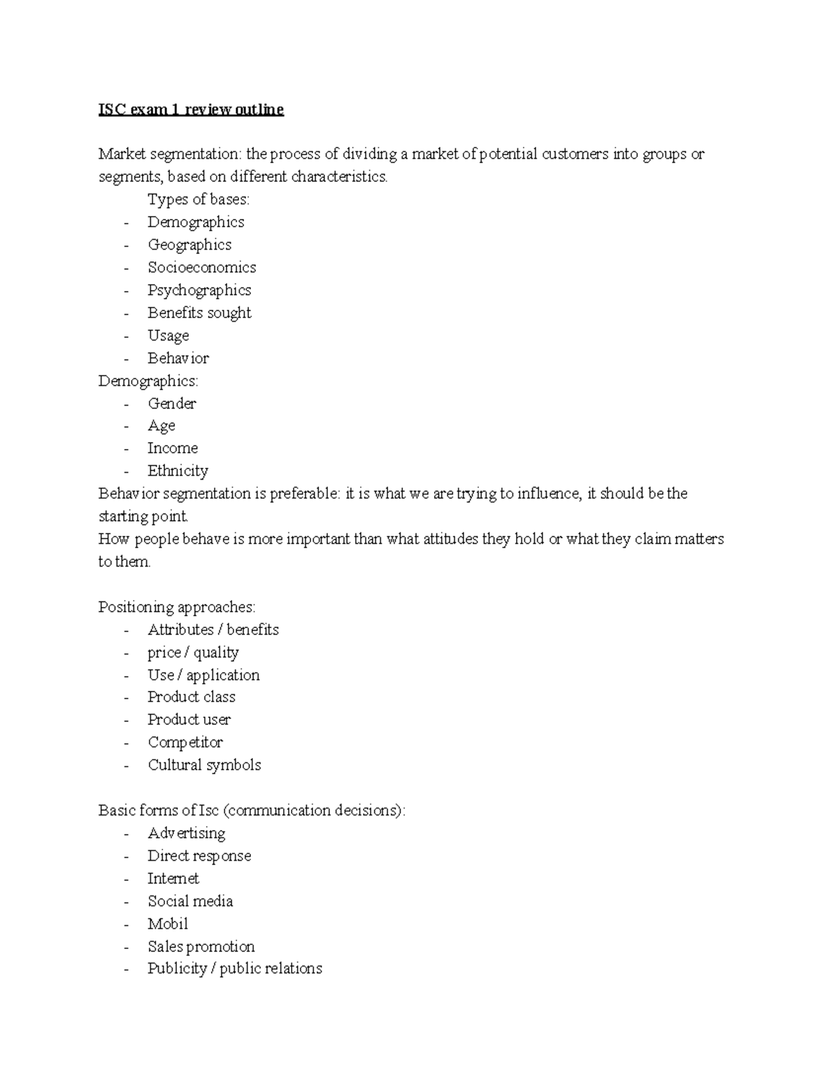 ISC exam 1 review outline - ISC exam 1 review outline Market ...