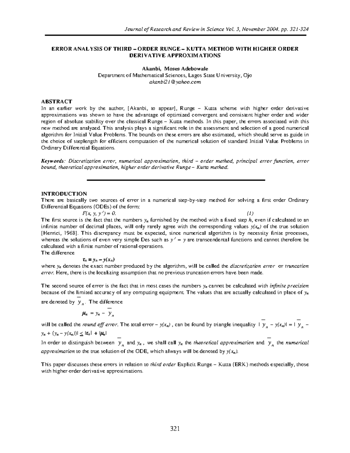 Error Analysis Of Third Order Runge Kutta Journal of Research and