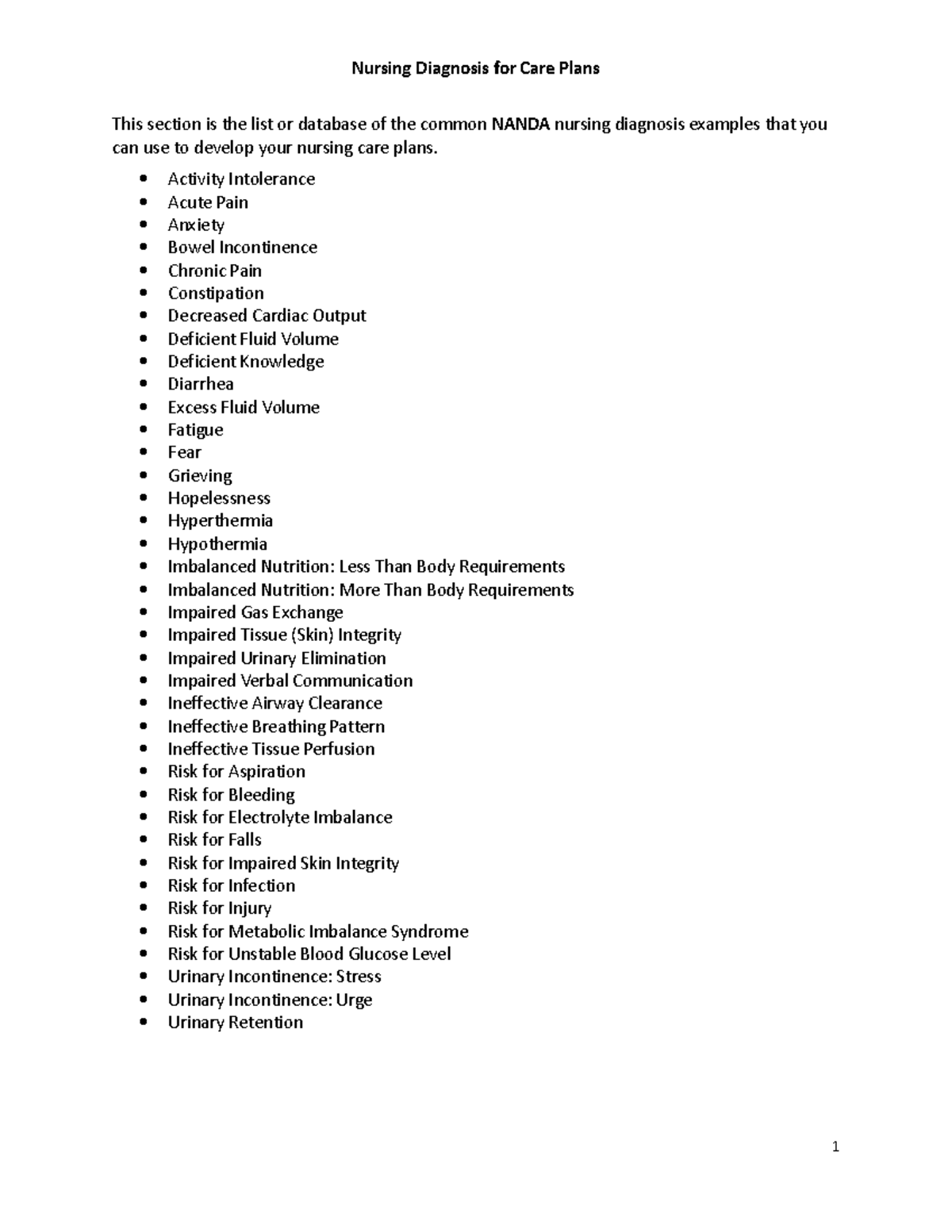 Nanda Nursing Diagnoses - Nursing Diagnosis for Care Plans This section ...