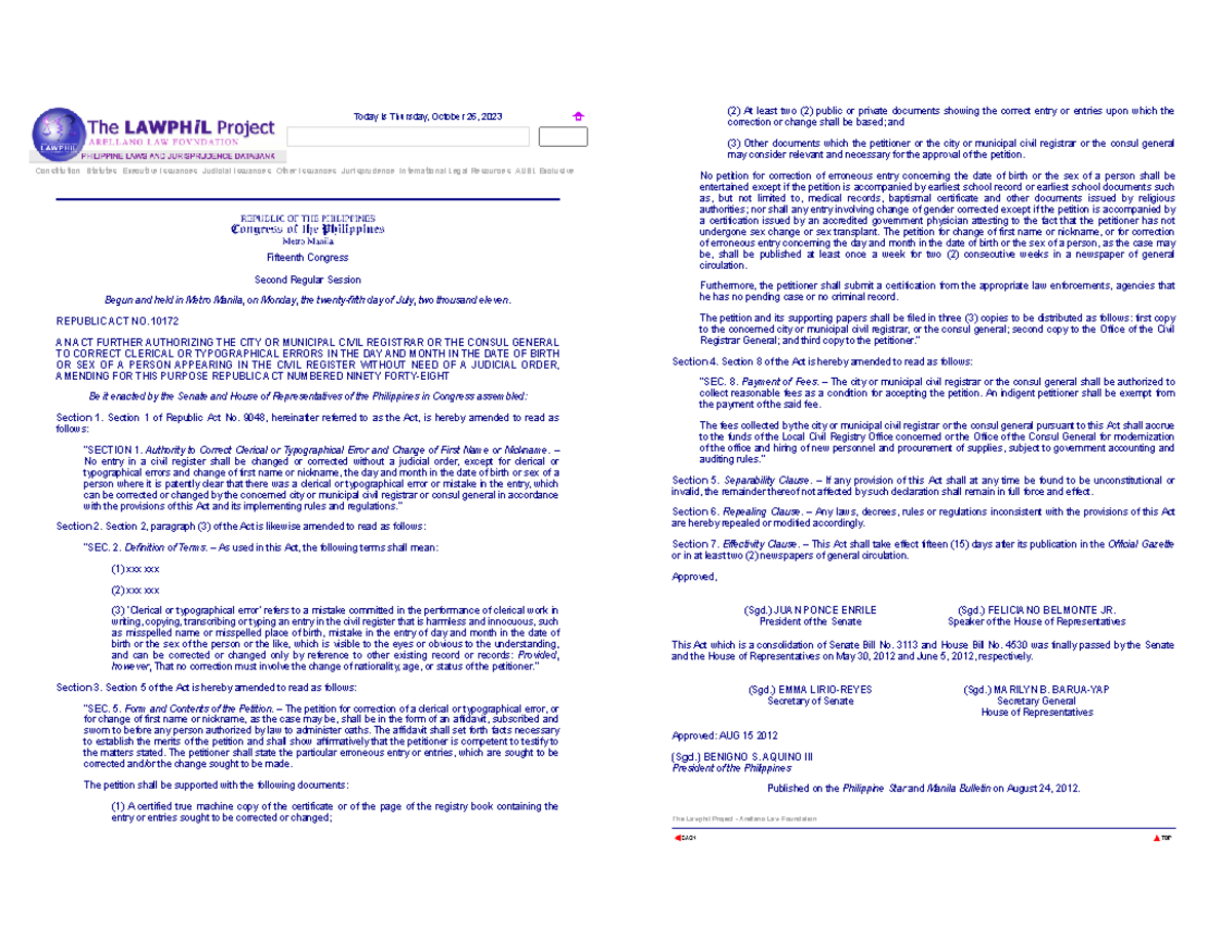 Republic Act No. 10172 - Constitution Statutes Executive Issuances ...