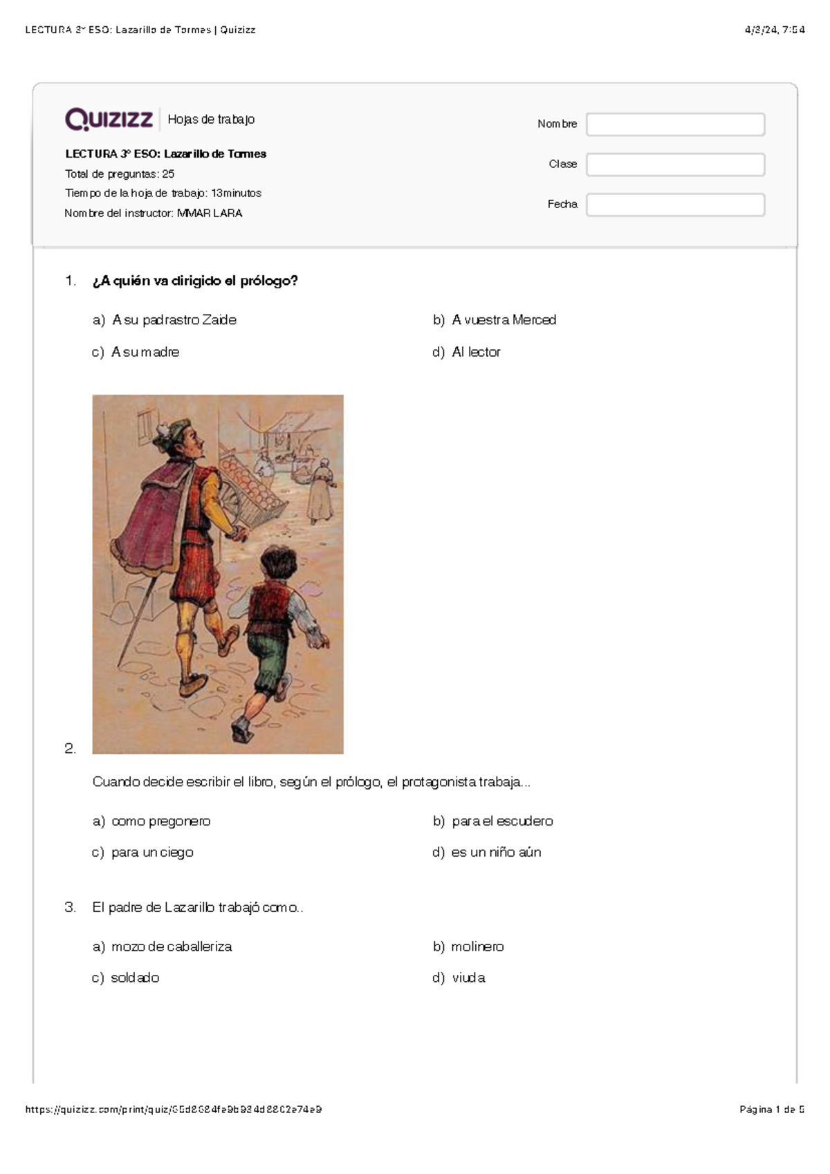 Lectura 3º ESO: Lazarillo de Tormes Quizizz - Hojas de trabajo LECTURA ...