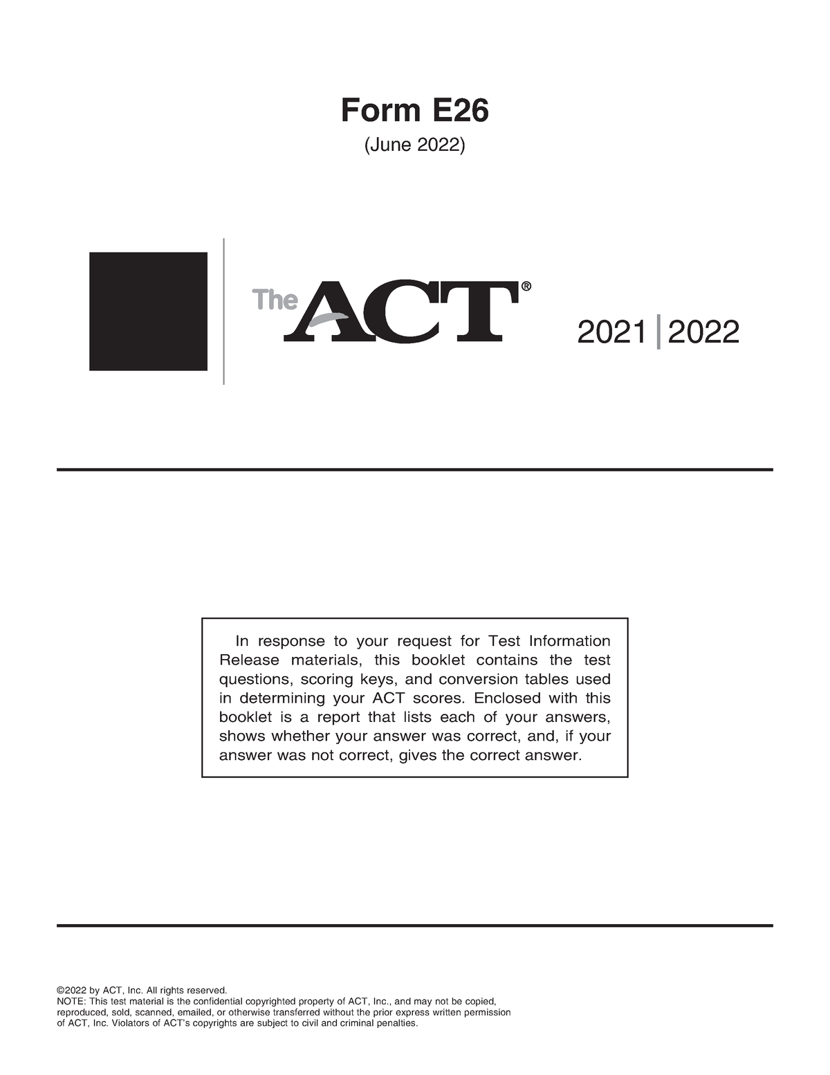 2022 June ACT Form E26 - Full PDF with answers and scoring (Mc