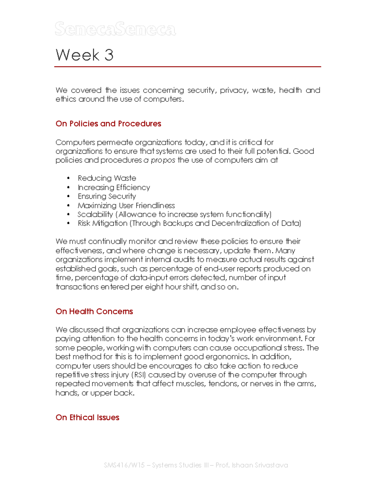 Class Notes W3 - From seneca college - Week 3 We covered the issues ...