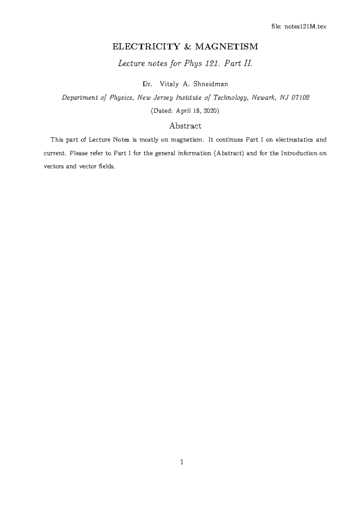 Notes 121M old - file: notes121M ELECTRICITY & MAGNETISM Lecture notes ...