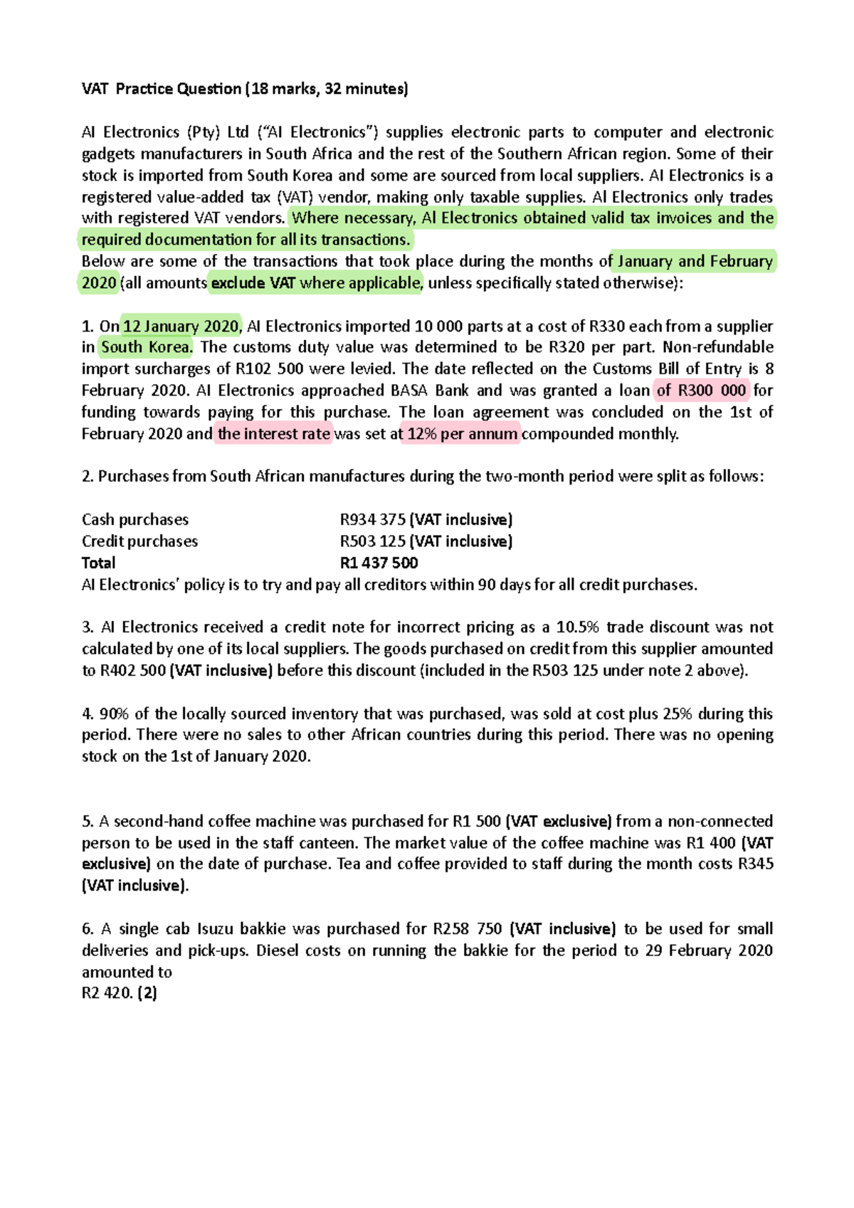 Vat Practice Question Al Elctronics - VAT Prac)ce Ques)on (18 marks, 32 ...