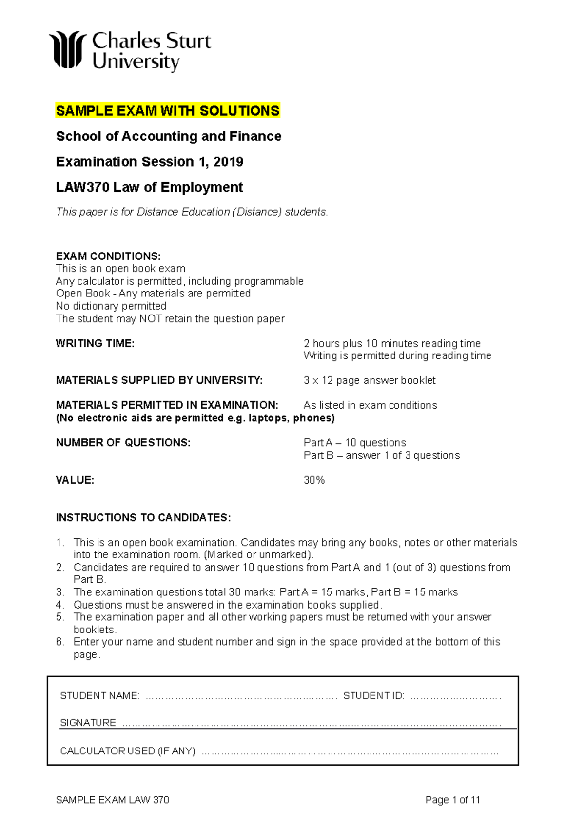 Sample/practice exam 25 October 2018, questions and answers - SAMPLE ...
