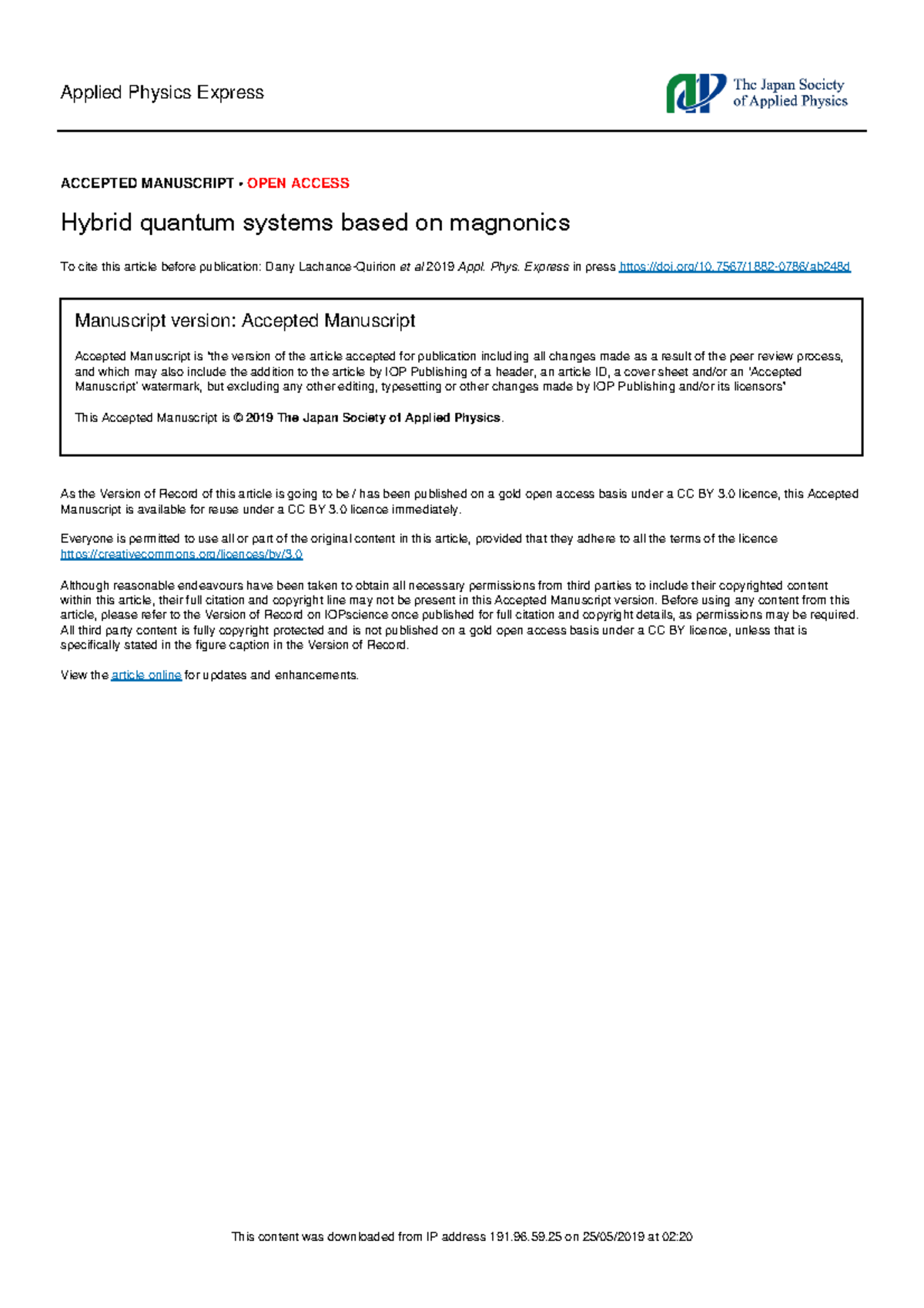 Hybrid quantum systems based on magnonics - Applied Physics Express ...