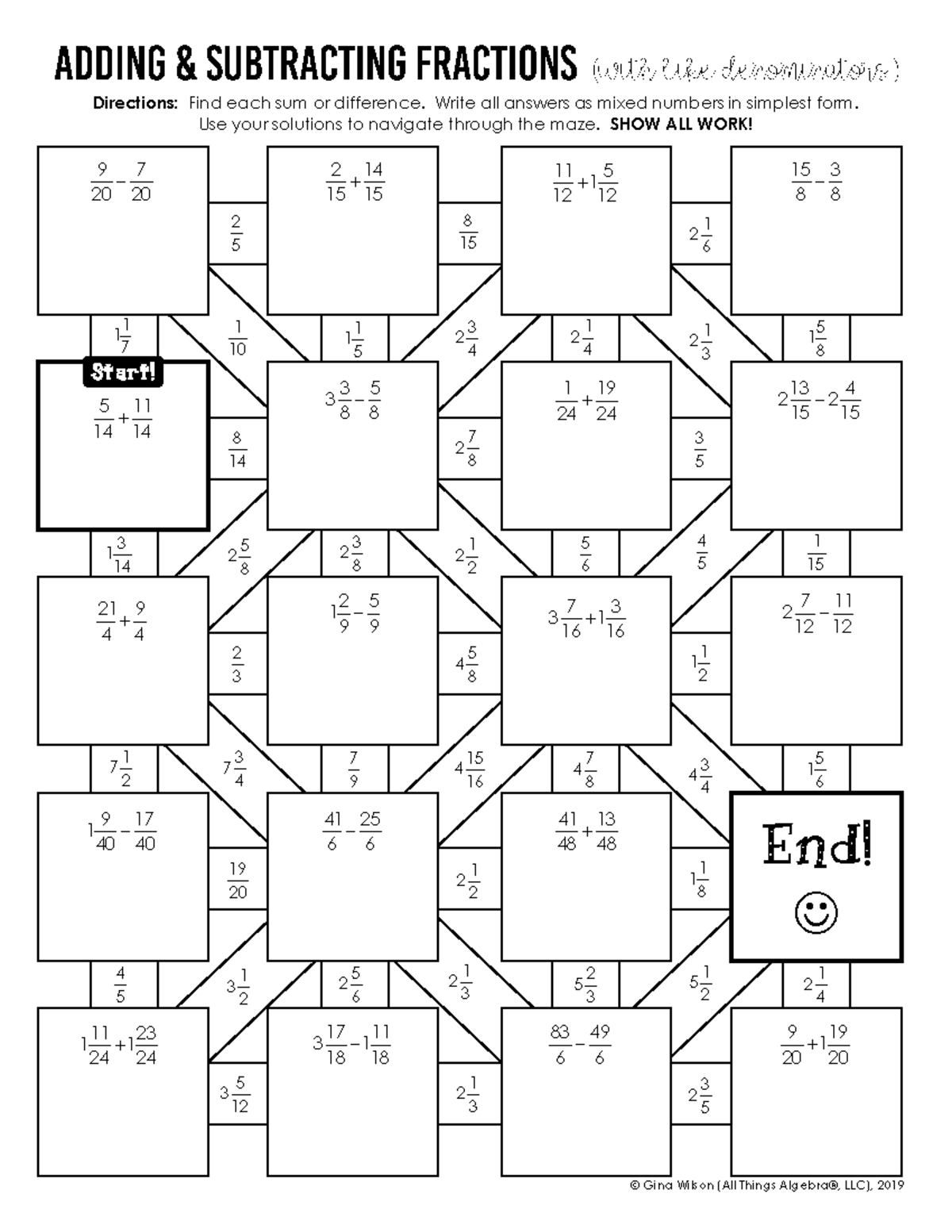 Add Subtract Fractions Maze - (with LIKE DENOMINATORS!) Directions ...