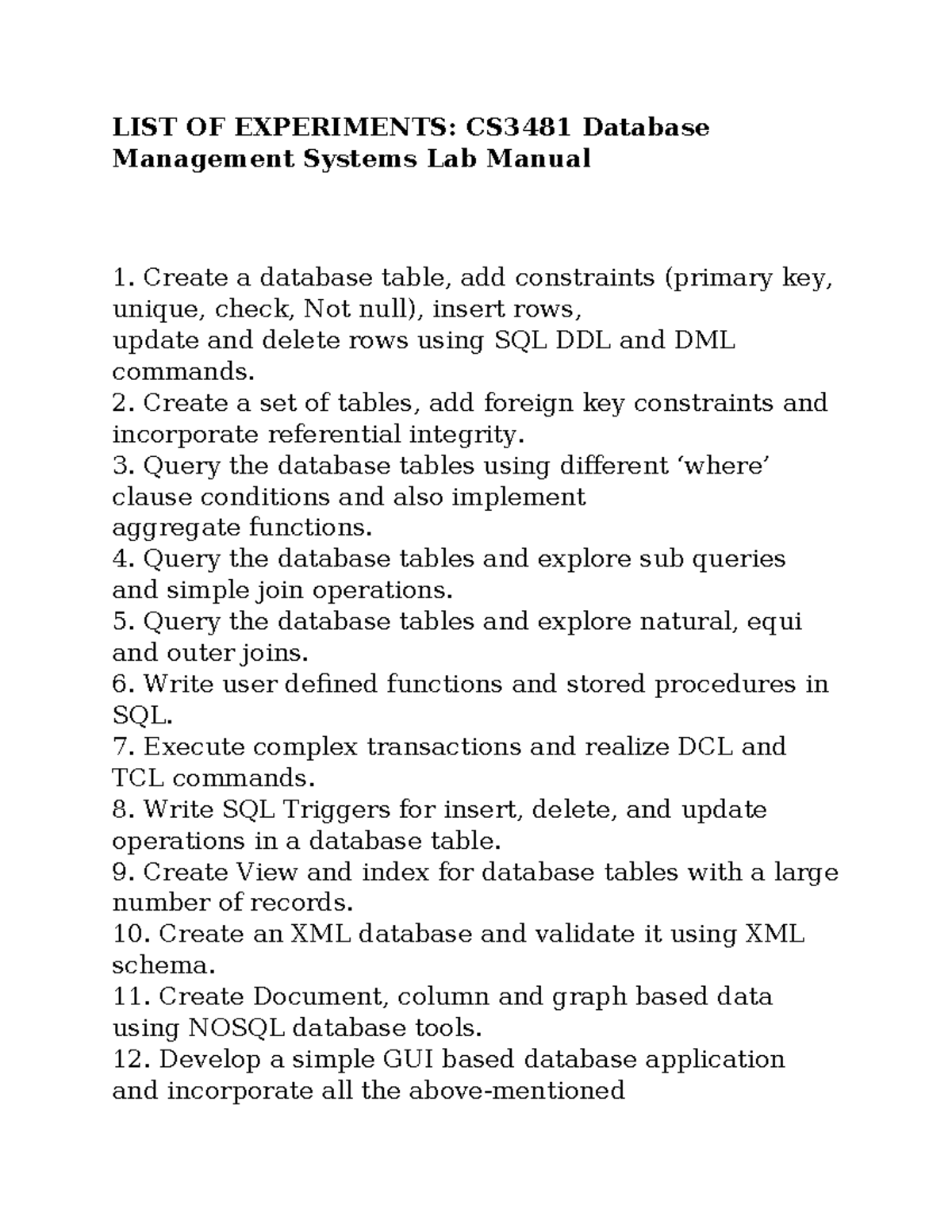 Database management systems laboratory - LIST OF EXPERIMENTS: CS3481 ...