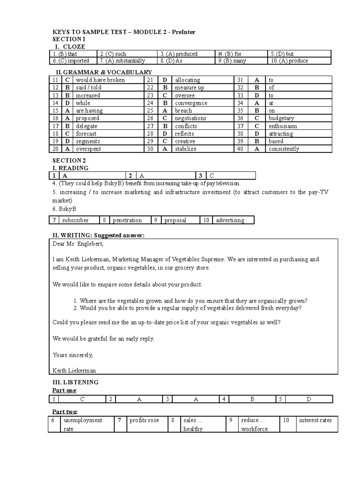 KEYS.Sample Test - Key reading Tiếng Anh HP2 - KEYS TO SAMPLE TEST ...