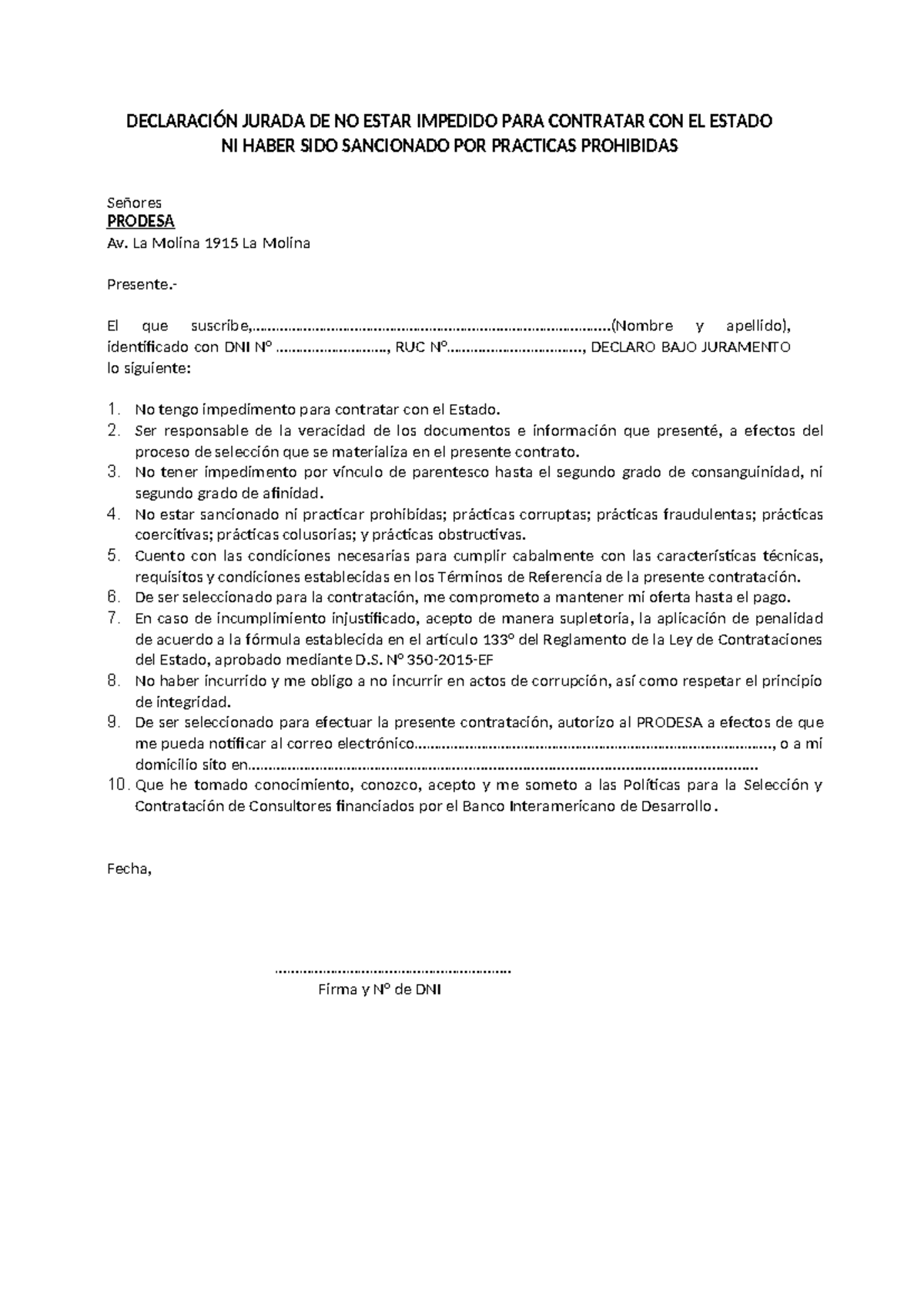 Anexo 02 - Declaracion Jurada - DECLARACIÓN JURADA DE NO ESTAR IMPEDIDO ...