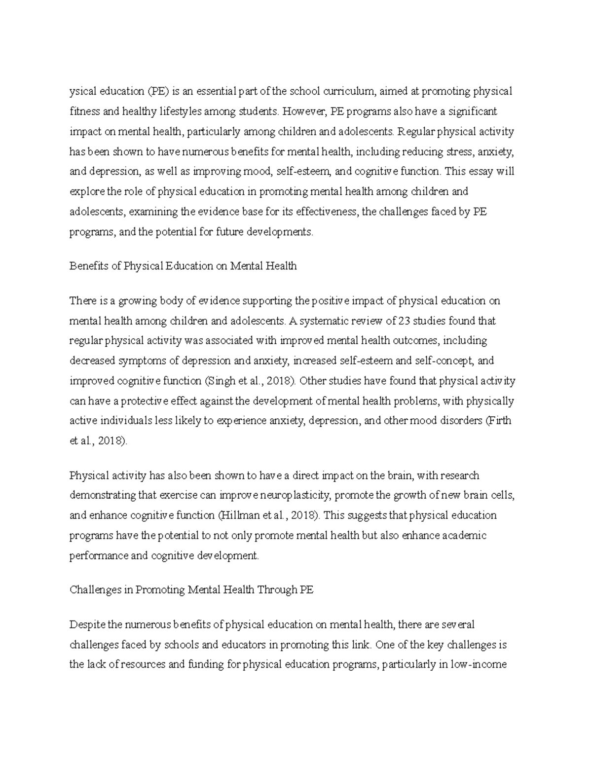 Title The Role Of Physical Education In Promoting Mental Health Among 