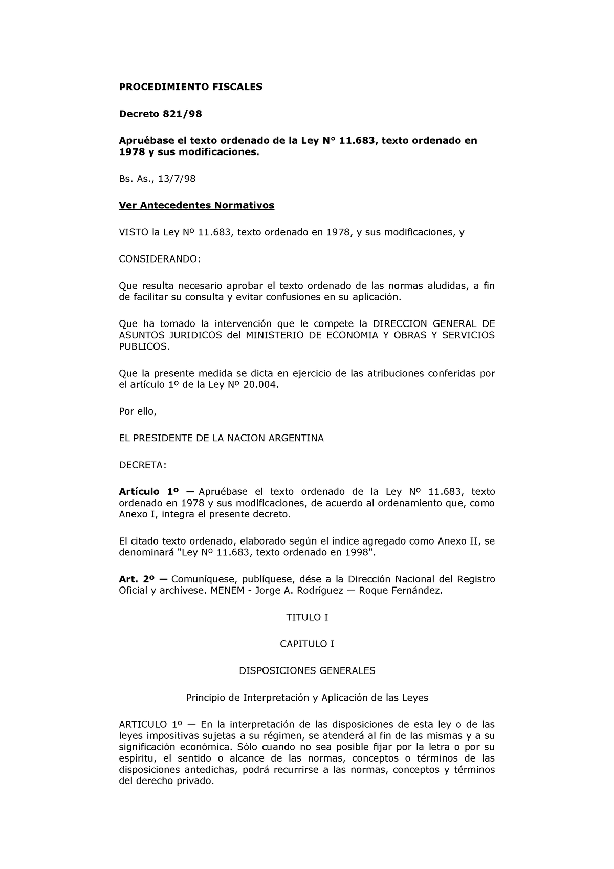 Ley 11683 - PROCEDIMIENTO FISCALES Decreto 821/ Apruébase El Texto ...