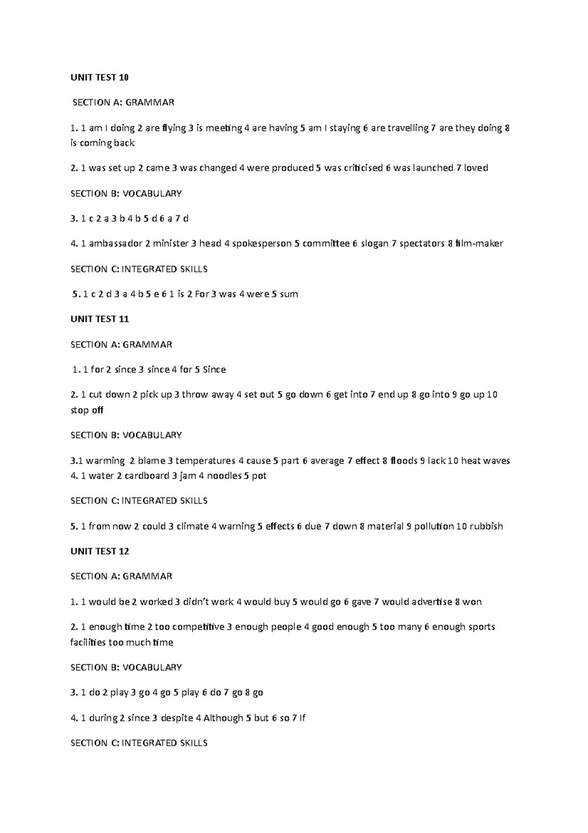 UNIT Tests KEYS 10-11-12 and End of Course (Pre-Int) - UNIT TEST 10 ...