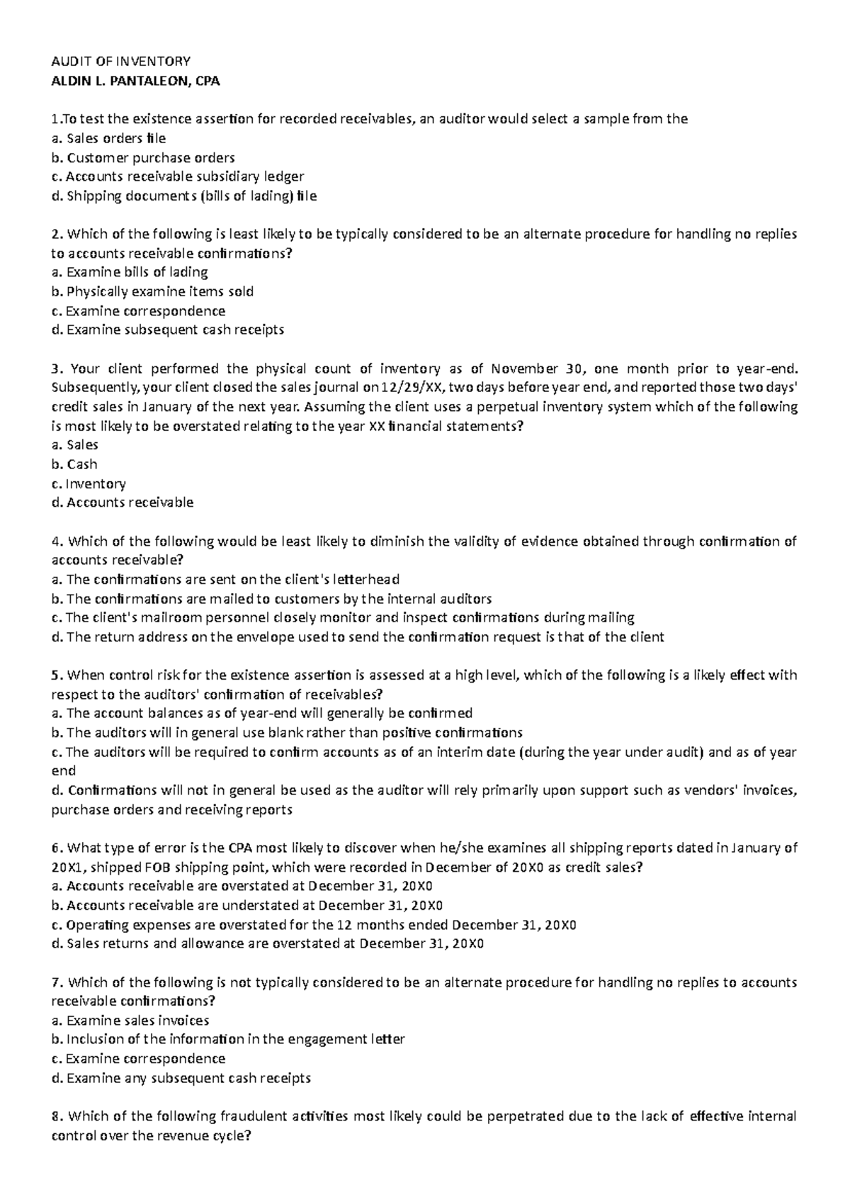 Audit of Receivables SC - AUDIT OF INVENTORY ALDIN L. PANTALEON, CPA 1 ...