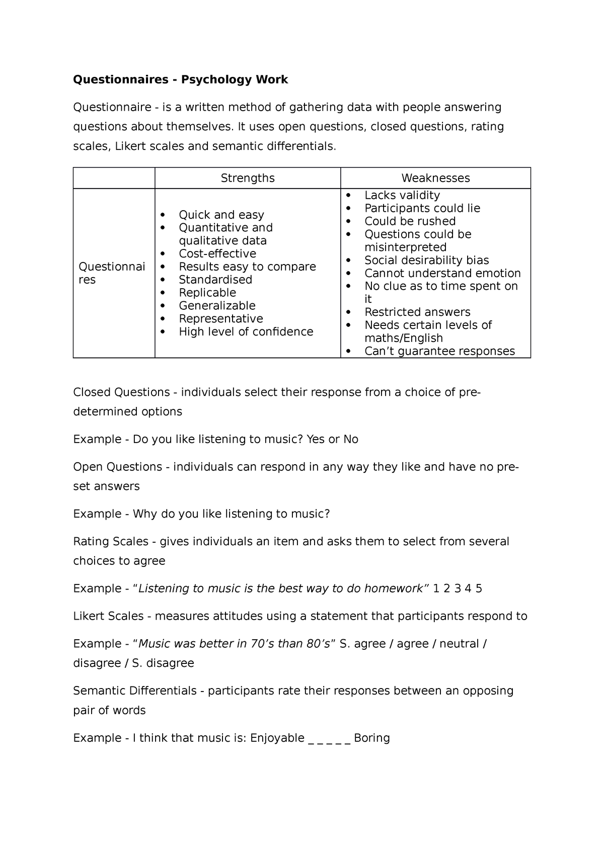 psychology experiments questionnaires