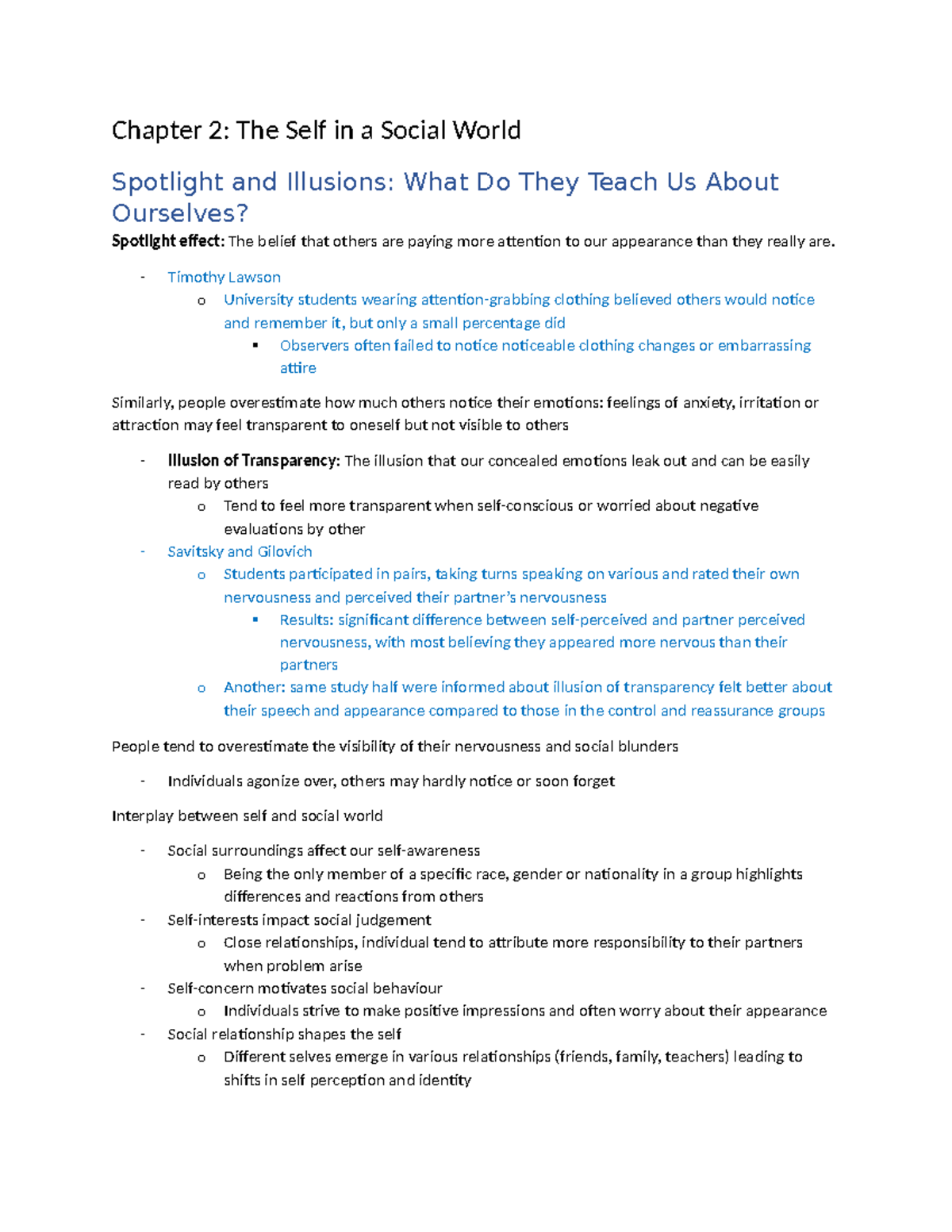 Chapter 2- textbook notes - Chapter 2: The Self in a Social World ...