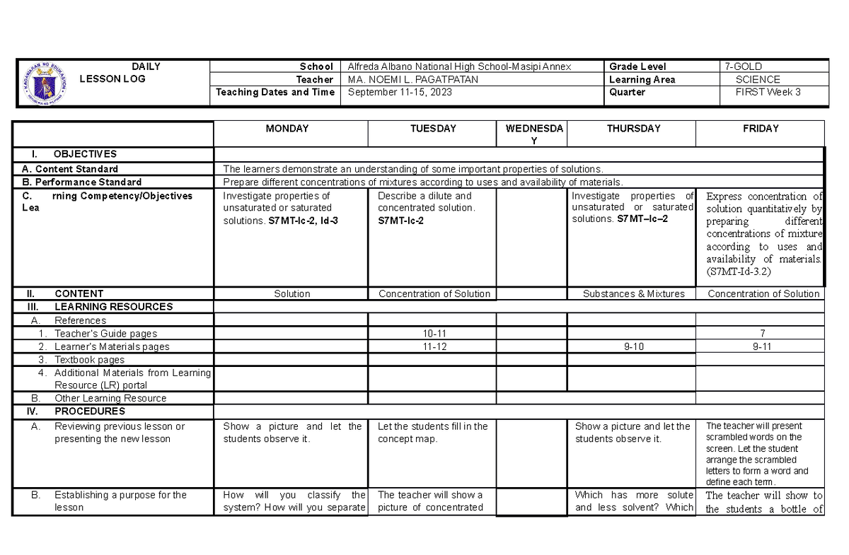 Dll 1ST Quarter G7 - DAILY LESSON LOG School Alfreda Albano National ...